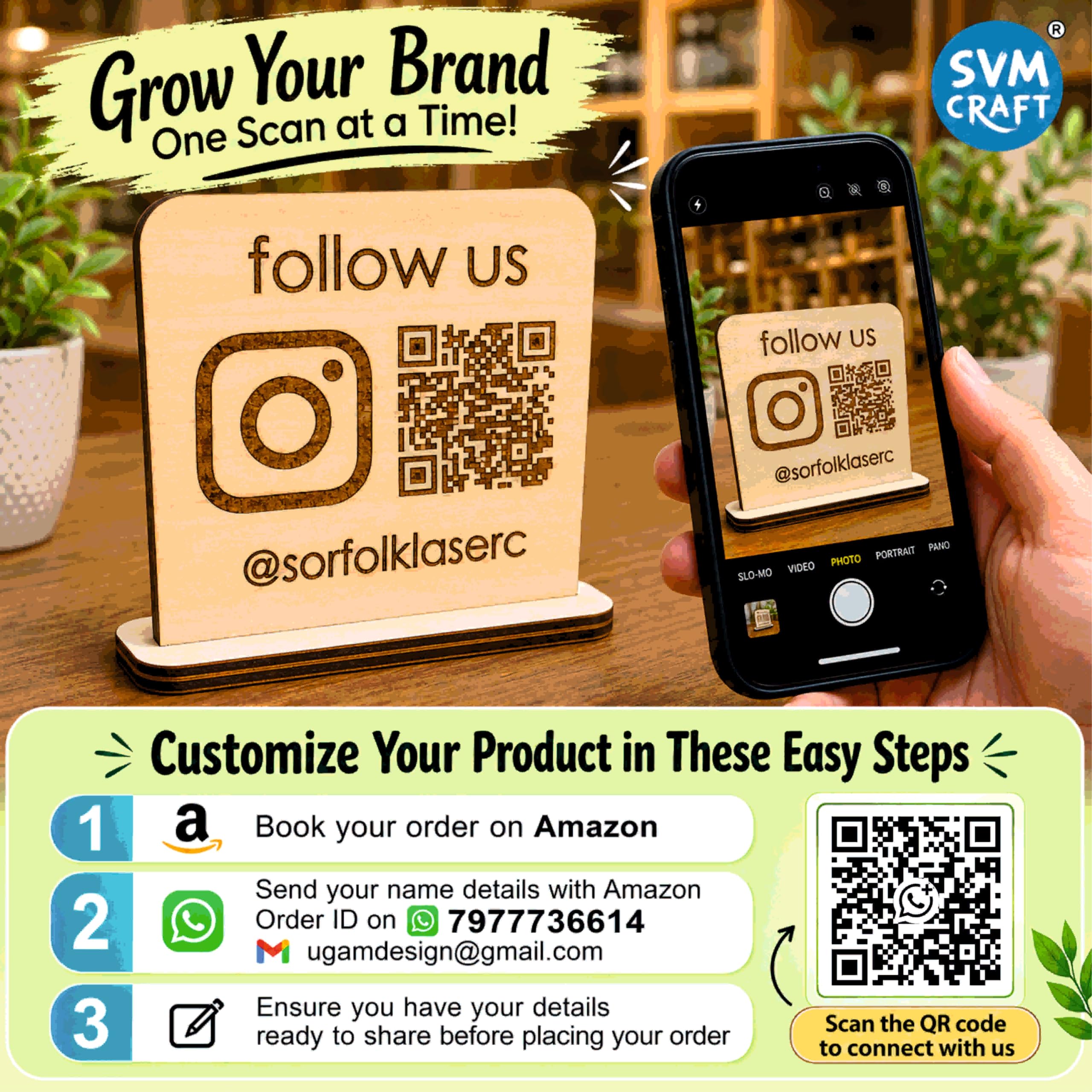 SVM CRAFT® Custom Wood QR Code Holder Stand Desktop Wood Barcode