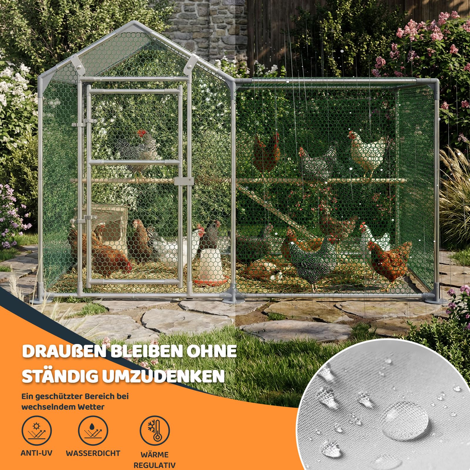Soontrans Hühnerstall 2x1x1.5 m, Kombinierte Hühnergehege mit Auslauf für Rückzug und Spielen, Verzinkter Stahl & Dachplane & Drahtgitter & Tür, Freilaufgehege Hühner für Garten