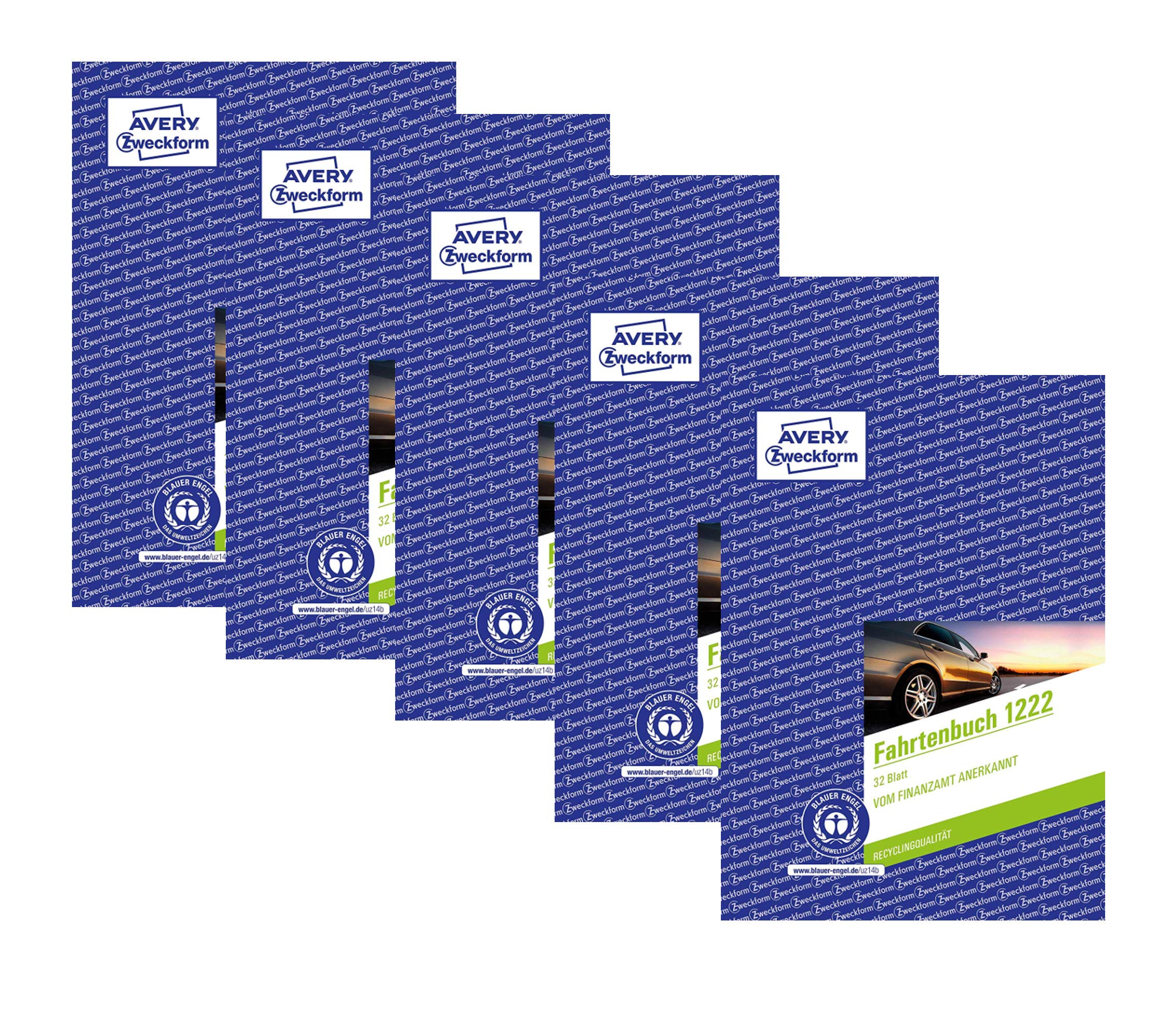 AVERY Zweckform 1222 Fahrtenbuch(für PKW, A5, Recycling, 32 Blatt) (5er Pack weiß, PKW | DIN A5)