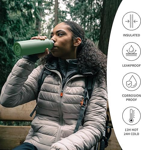 Miniatura 3 de Bambaw Botella de agua aislada de 32 onzas, botella de agua de acero inoxidable verde, botella de agua grande de acero inoxidable, botella de agua