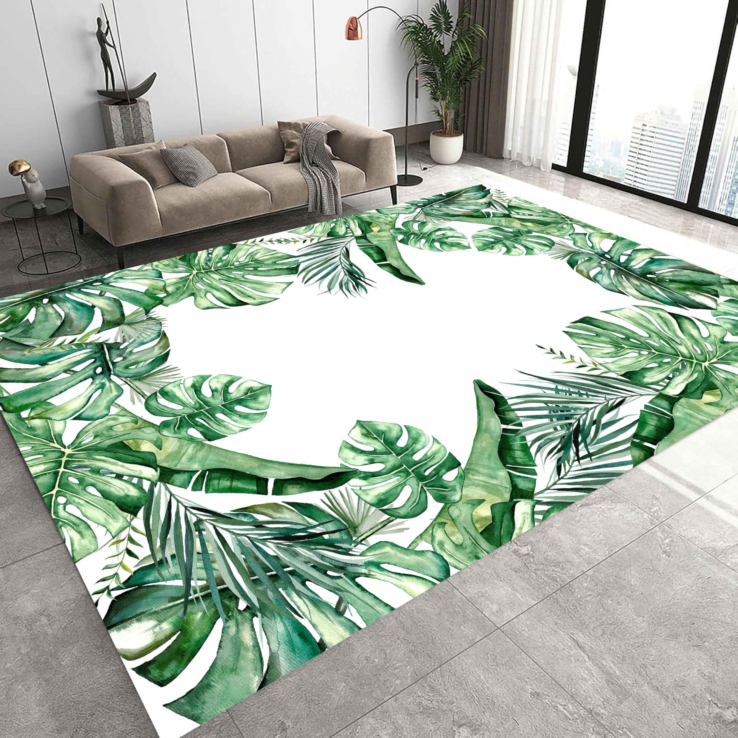 Kuluoits Palm Leaf Area Rug, 180x260cm, Bohemian Tropical Jungle Plant Washable Rug, Emerald Green Leaves Home Decor, Non-Slip Easy to Clean Rugs for Living Room Bedroom Dining Room Room Decor