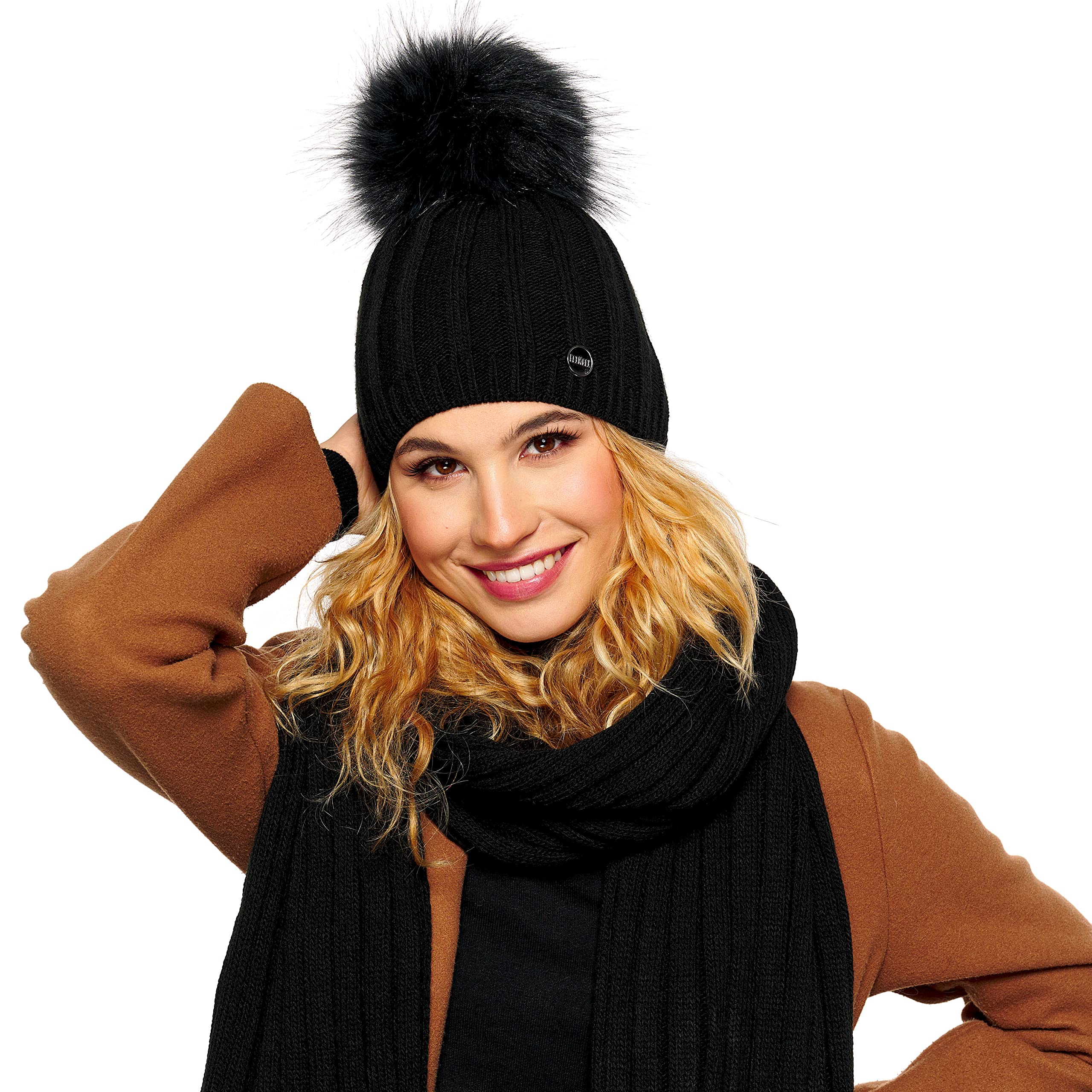 ELIMELI® Gorro de cachemira para mujer, gorro de punto, gorro de invierno de lana con cachemira y pompón de piel sintética. Fabricado en la UE, Negro - Set con bufanda, Talla única