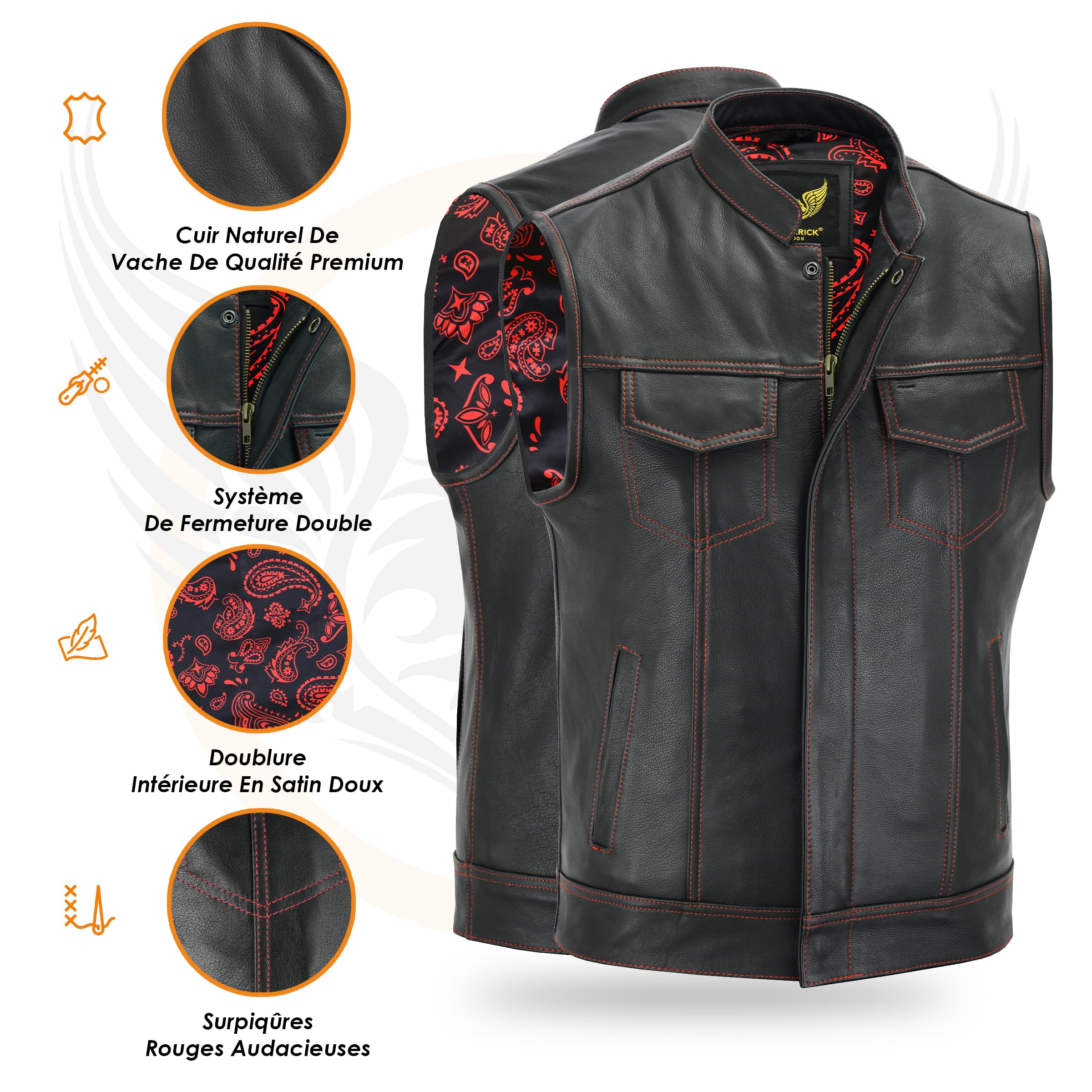 Leatherick Groove Club Hommes Gilet Cuir Biker - Doublure Traditionnelle En Satin Paisley