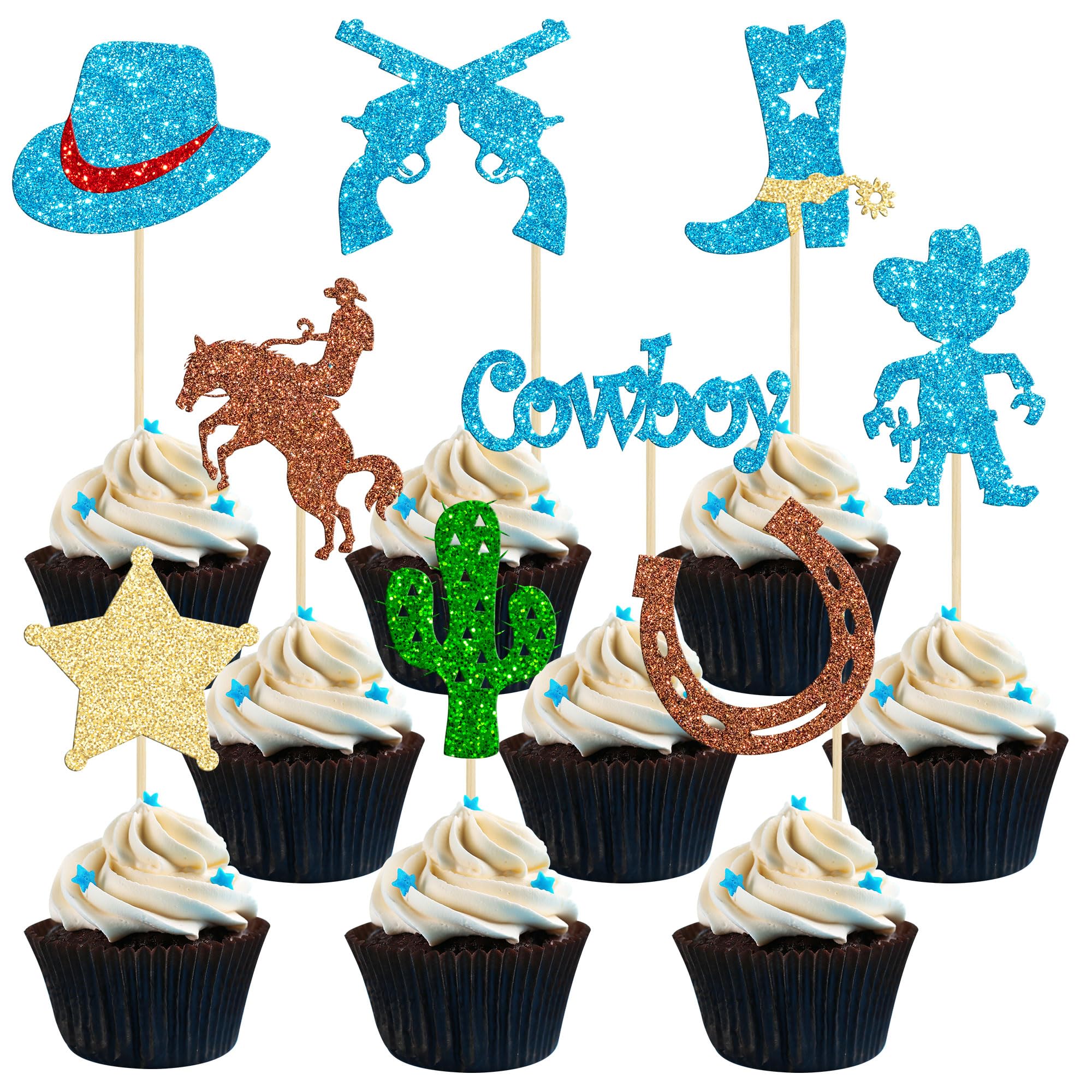 36Pcs Cowboy Cupcake Toppers Glitter HorseShoe Cowboy Hats Boots Cactus Gun Cupcake Picks Western Theme Baby Shower Boys Birthday Party Cake Decorations Supplies