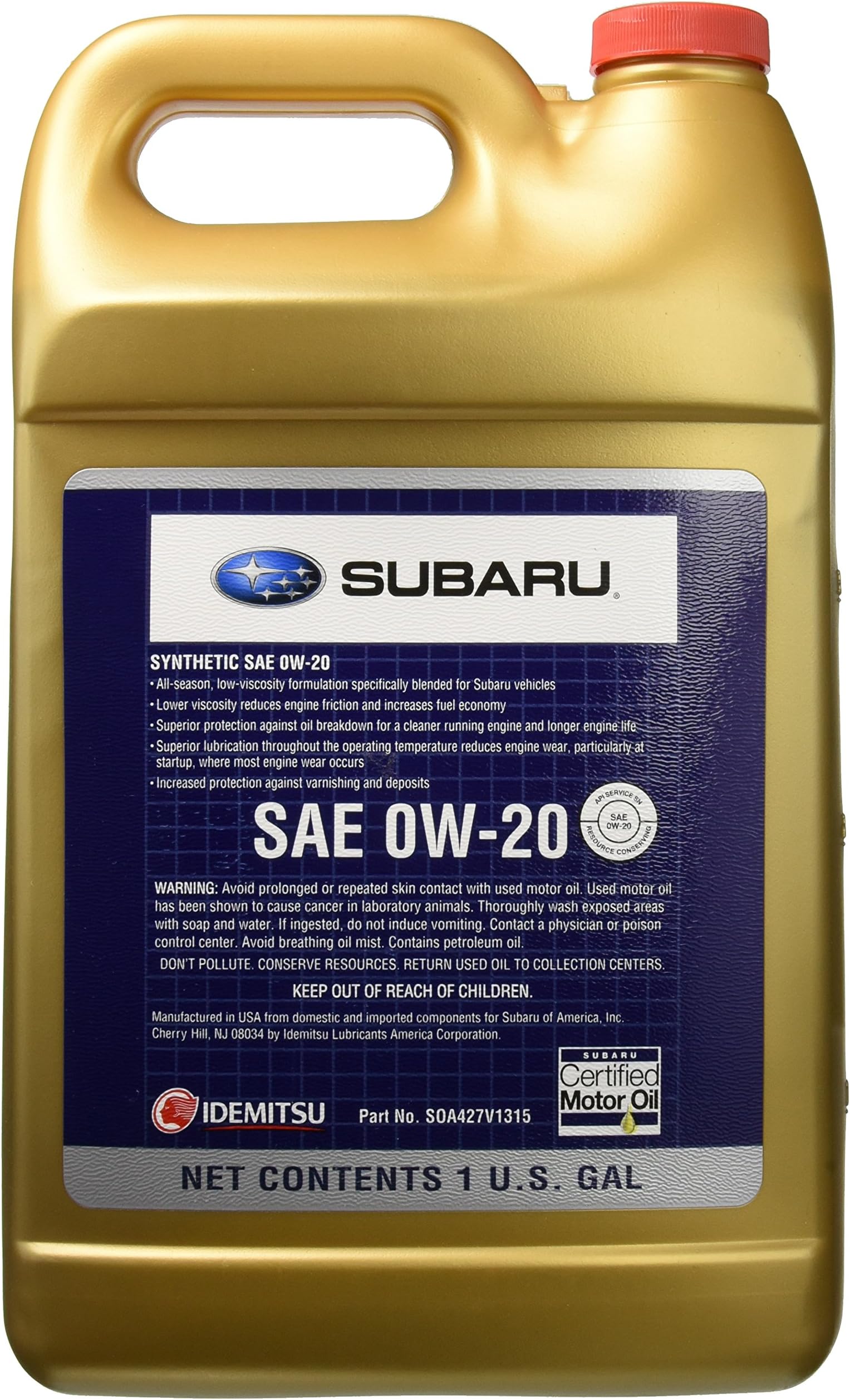 Genuine Subaru SOA427V1315 Oil - 0W20 Synthetic, 1 Gallon Bottle, 1 Pack