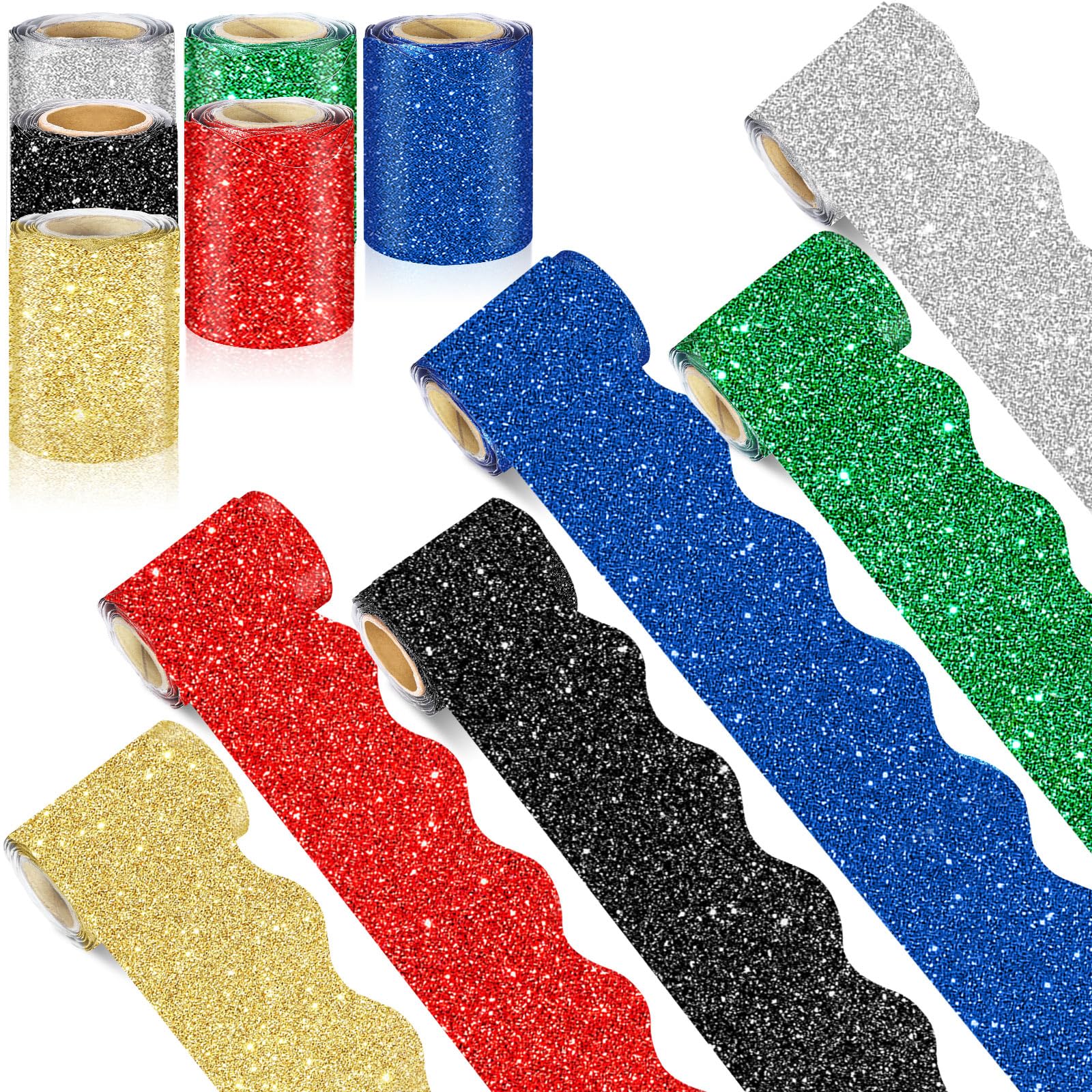 Zhanmai 6 Rolls 98.5 ft Spring Glitter Bulletin Board Border Set Sliver Red Gold Shine Scalloped Rolled Border Trim Decorations for Back to School