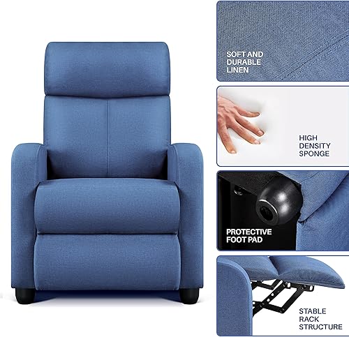 Miniatura 5 de Yaheetech Asiento de cine en casa Silla reclinable de tela moderna individual sala de estar sofá reclinable con bolsillo, resorte azul claro