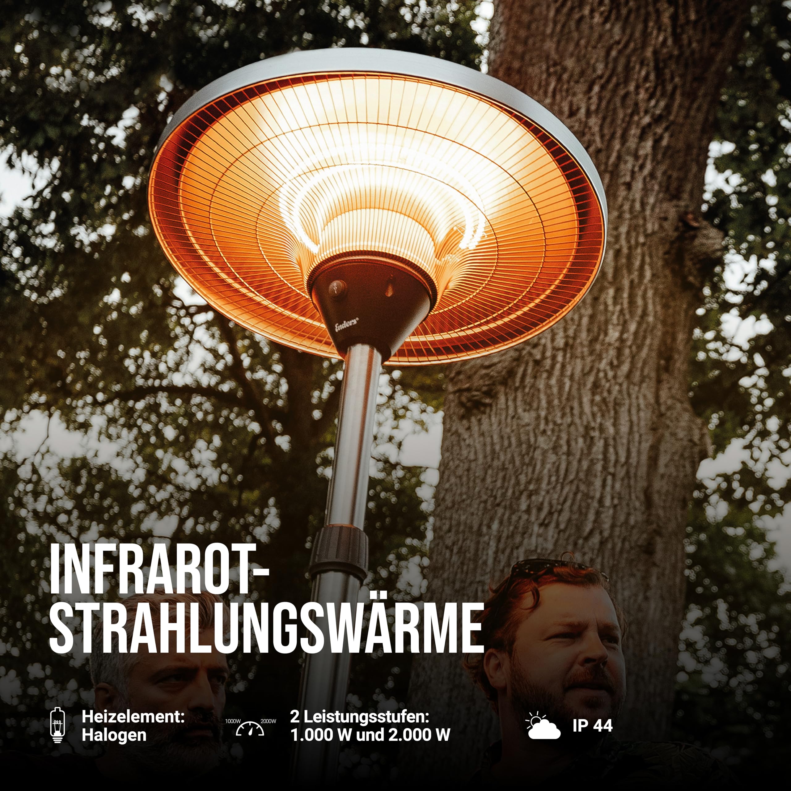 Enders Terrassenheize Oron, Elektro Standstrahler, Heizpilz, Terrasse und Balkon, höhenverstellbar, 2 Leistungseinstellungen, 1.000 - 2.000 Watt, Infrarot-Strahlungswärme, inkl. Kippsicherung #49076