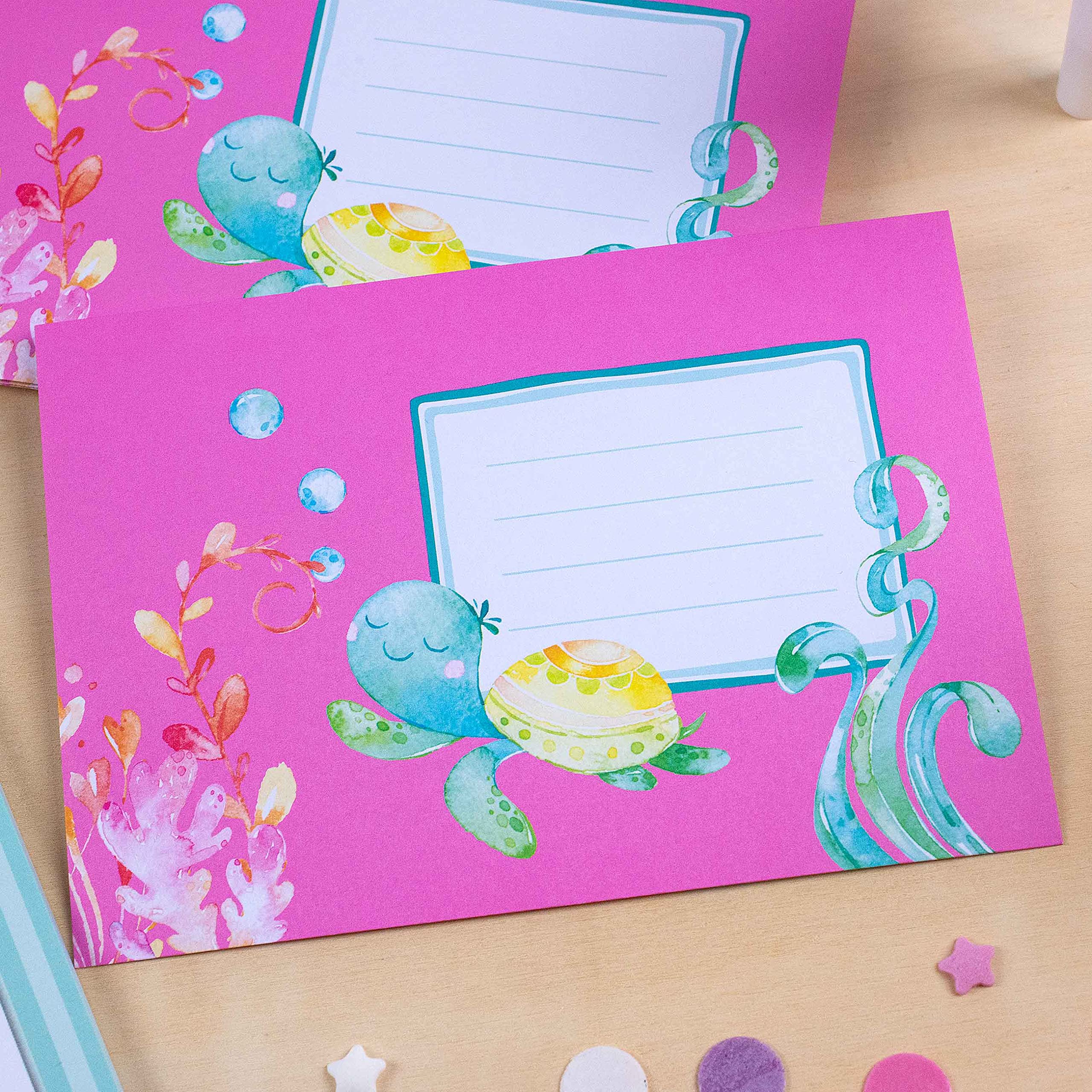 Papierdrachen Set di Blocchi per Lettere - 50 fogli colorati stampati - Carta da lettere con adesivi - 20 buste - Idea regalo per bambini Sirena