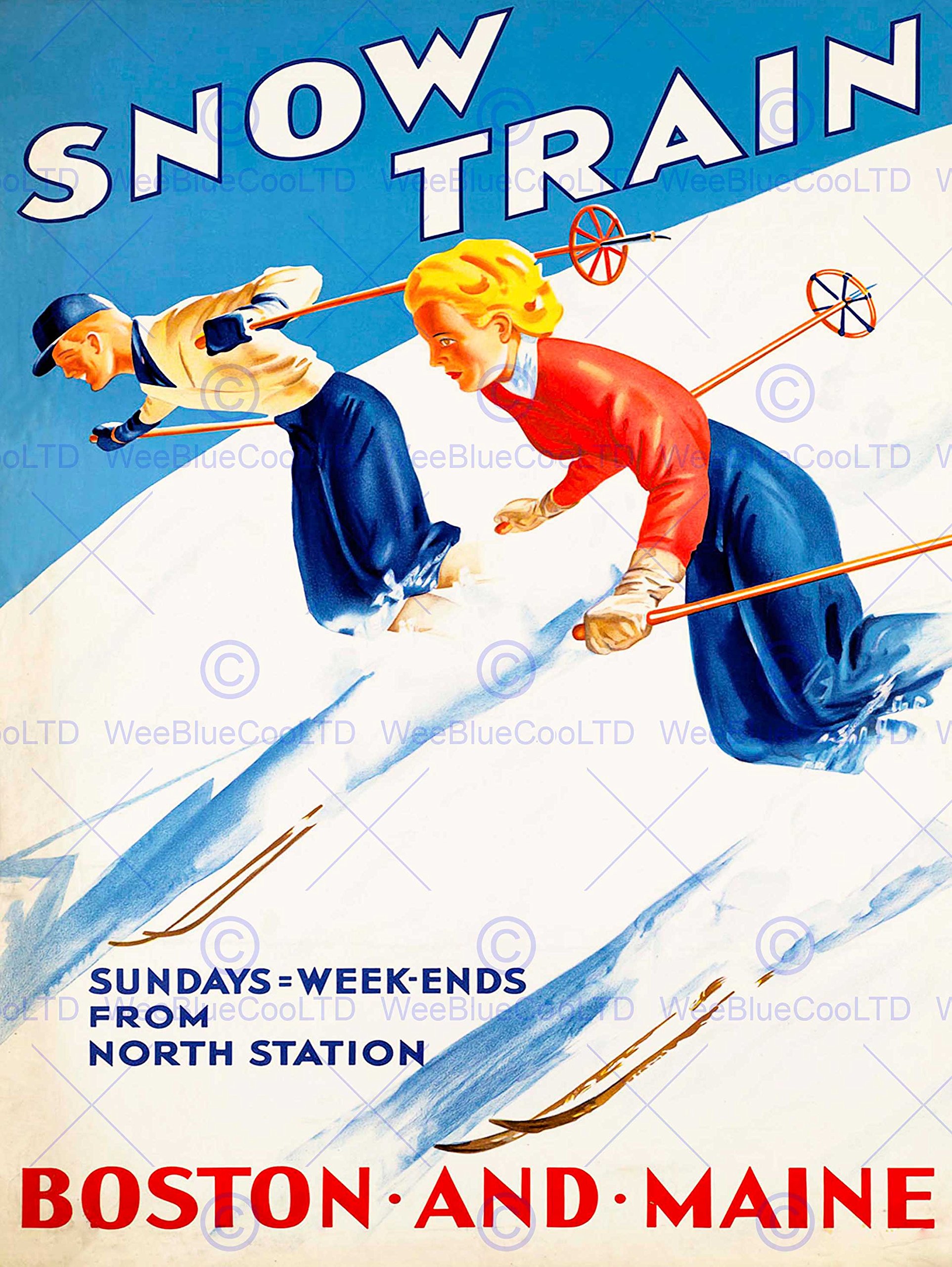 Bumblebeaver TRAVEL TOURISM WINTER SPORT TRANSPORT TRAIN BOSTON MAINE SKIING SKIS USA 30x40 cms ART POSTER PRINT PICTURE CC6969