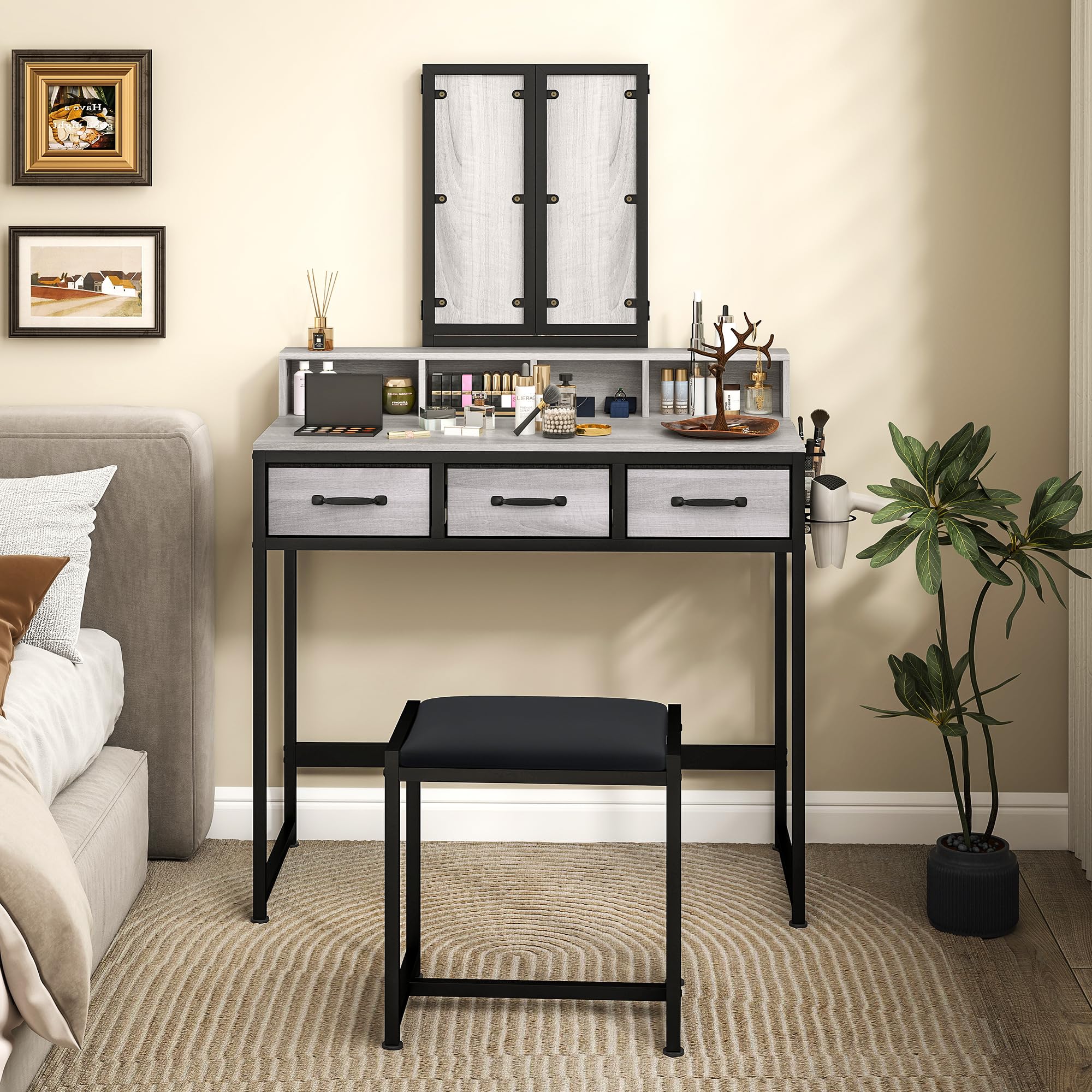 HOMCOM Tocador de Maquillaje con Espejo Tríptico Desmontable en Gris | Tocador con Taburete, 3 Cajones de Tela, Estantes, Soporte para Secador de Pelo, Cesta Metálica, Dormitorio, Vestidor