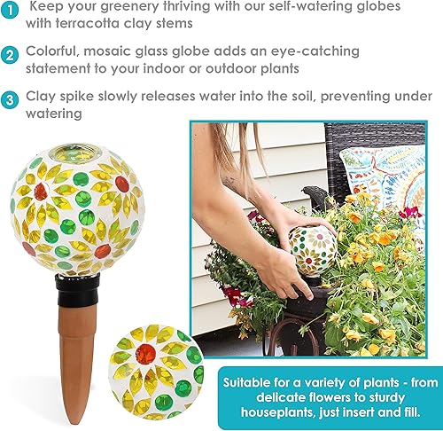 Miniatura 2 de Sunnydaze Bombilla de riego de plantas de vidrio de mosaico con pico de riego de arcilla, globo decorativo de riego automático para plantas, gotero