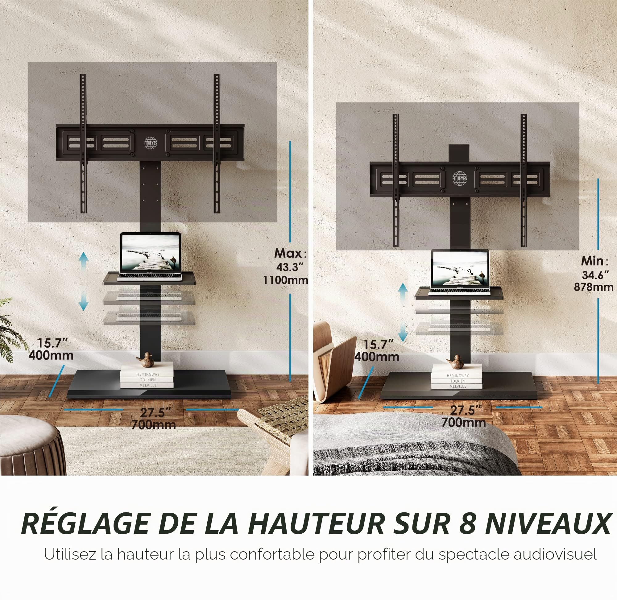 FITUEYES Support TV sur Pied, en Fer, 50-80 Pouces, VESA 800 x 400 mm