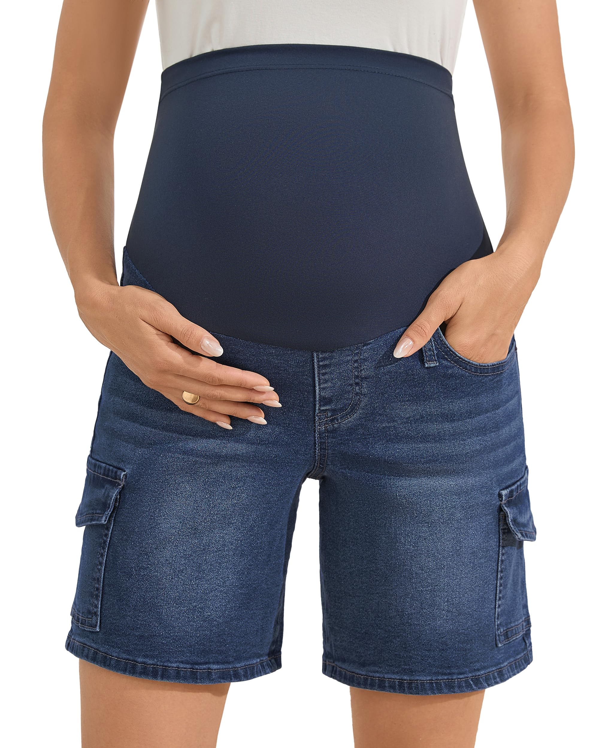 PACBREEZE Women's Maternity Jean Shorts Over Belly Stretch Denim Shorts Trendy Summer Pregnancy Clothes