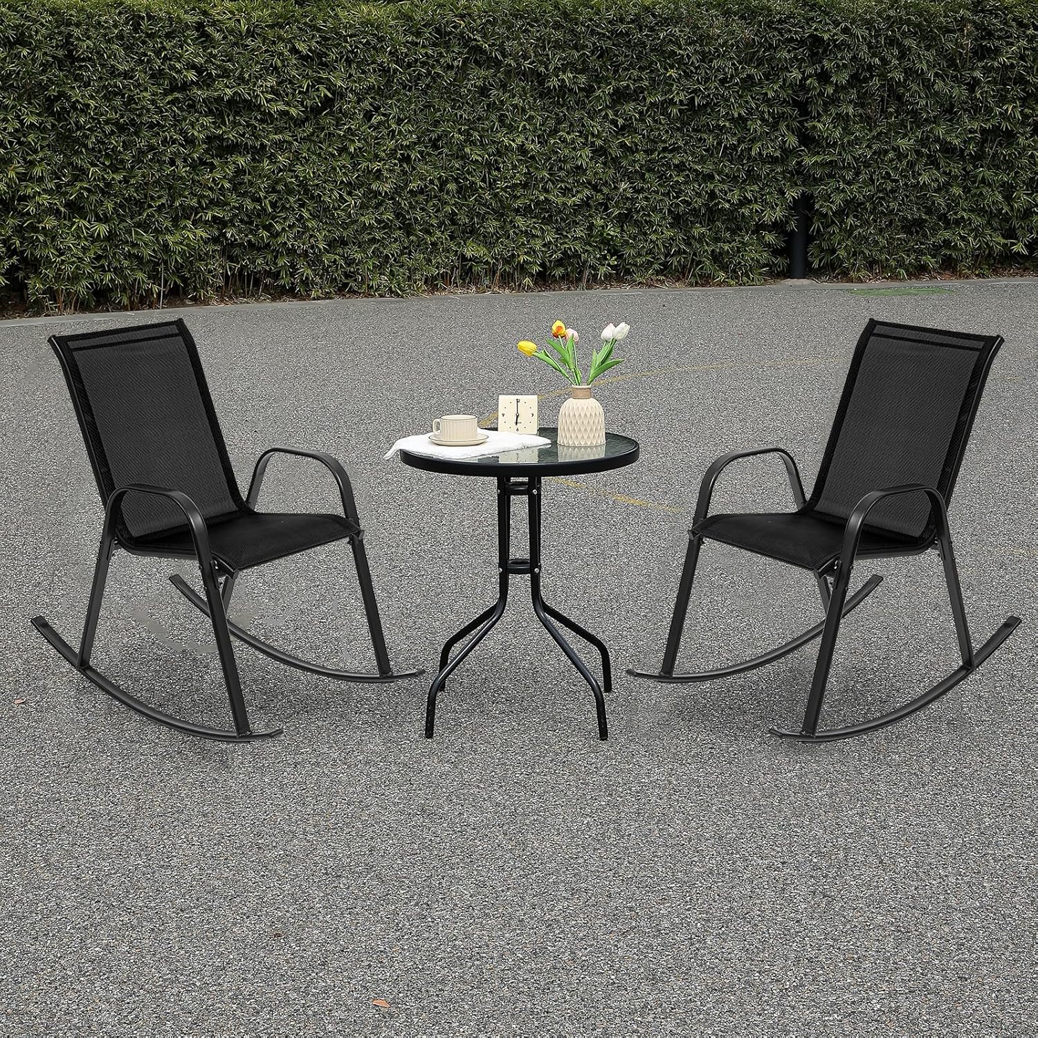 Outdoor Rocking Chairs with Backrest/Armrests-Assembly for Patio Lawn Garden Balcony Deck Camping Porch-Set of 2 (Black)