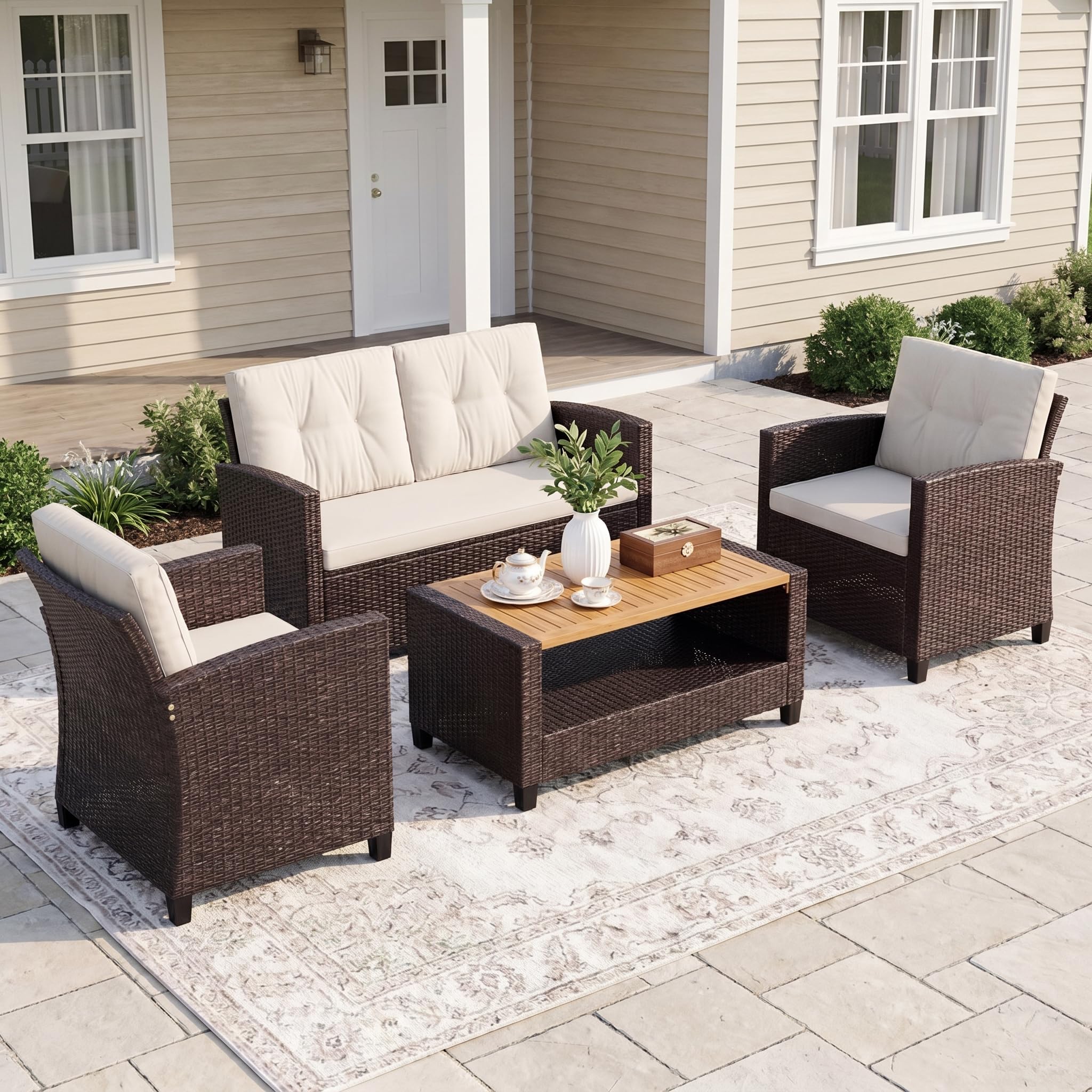 Photo 1 of FansaFurn 4-Piece All-Weather Wicker Patio Conversation Set, Beige