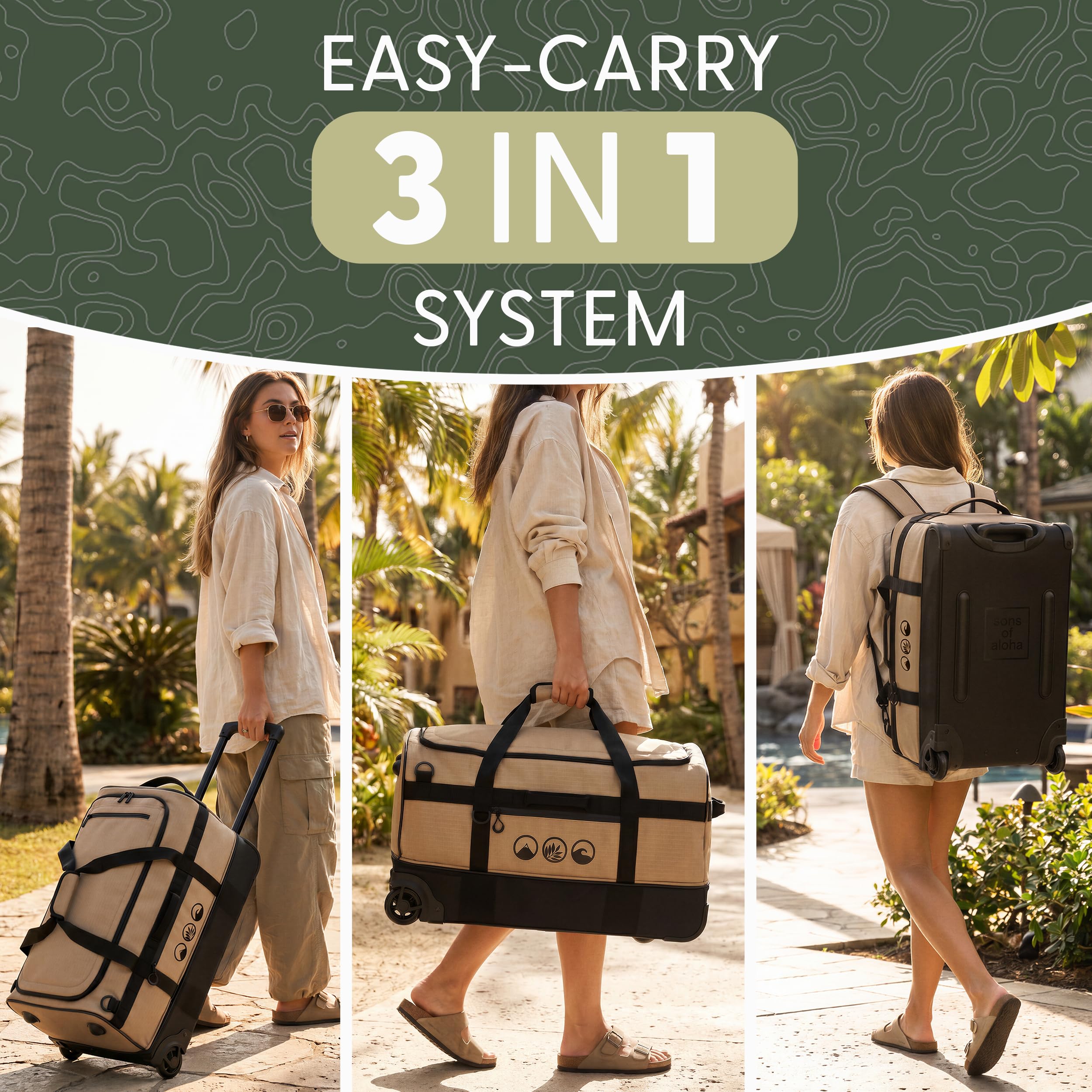 Bolsa de viaje XL con ruedas 3 en 1, mochila de viaje y carrito impermeable | Flow con compartimento para zapatos y esquinas protectoras para hombre y mujer | mochila de viaje de alta calidad Ripstop