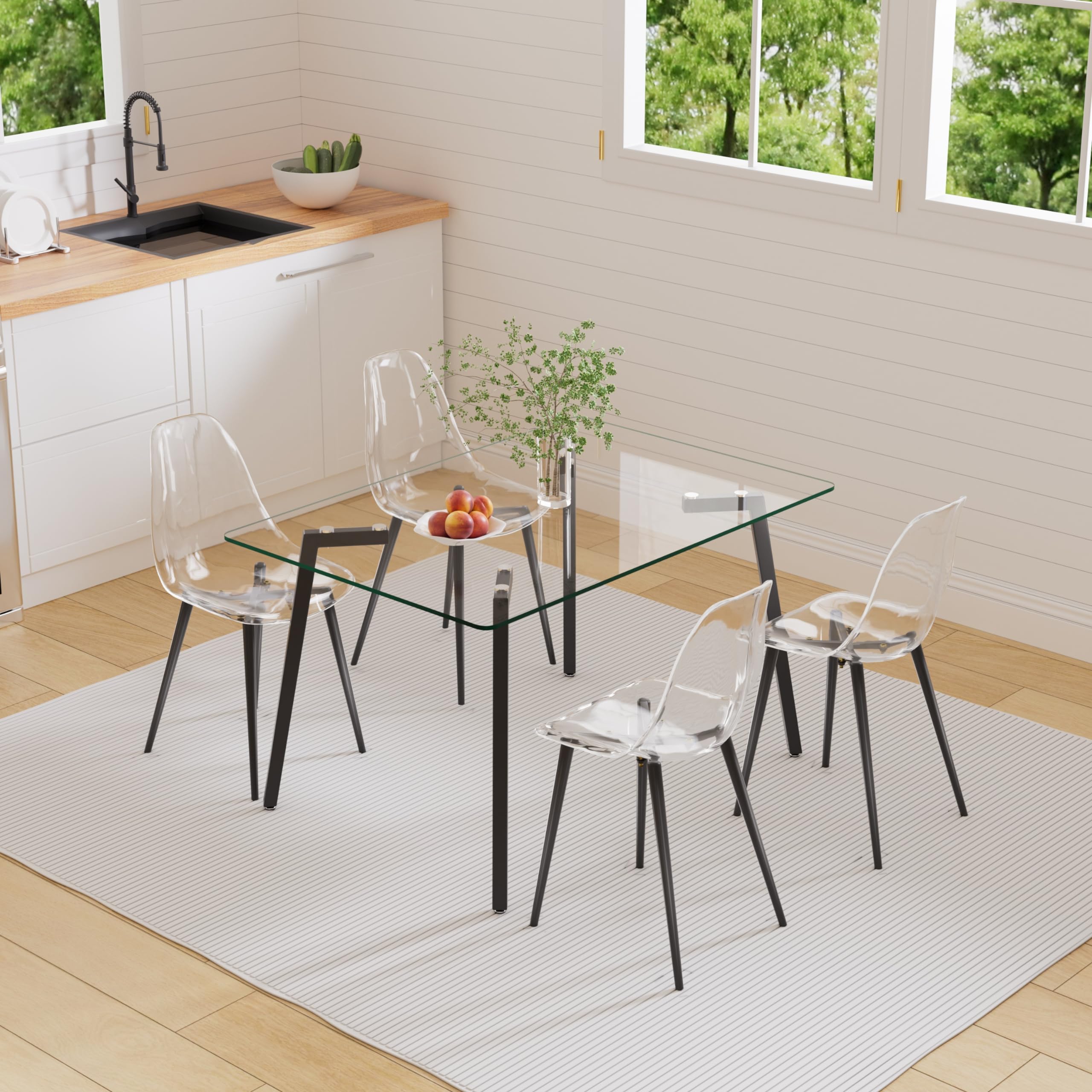 Clear Glass Dining Table Set for 4, 51'' Modern Luxury Rectangle Dinner Room Set, 5 PCS Small Minimalist Kitchen Table Set with Clear Acrylic Chair, for Apartment Home Living Room (Black)