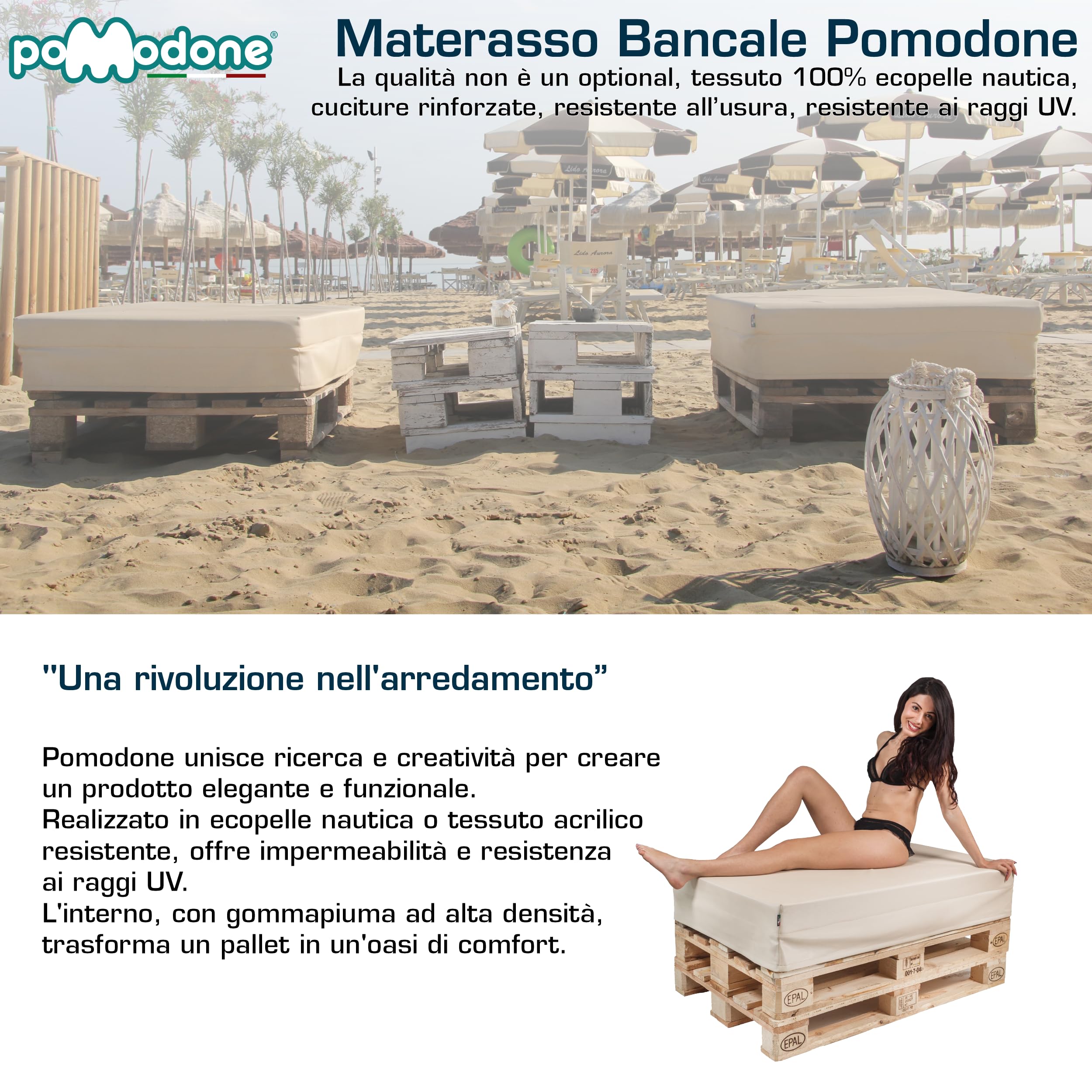 pomodone Cuscini per Pallet Legno Epal 120x80 Divano da Esterno Materasso per Bancale Europallet Impermeabile Lavabile in Ecopelle Resistente ai raggi UV Made in Italy (Bianco)