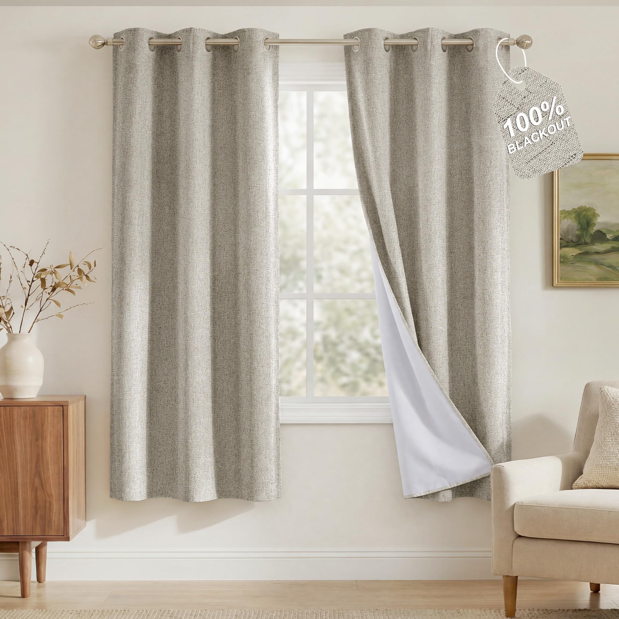 NICETOWN 100% Blackout Linen Blend Doorway Curtains, White Liner Composite Grommet Farmhouse Window Treatments Sound Dampening Home Decors for Hall Way, Beige, 2 Panels,W34 x L78
