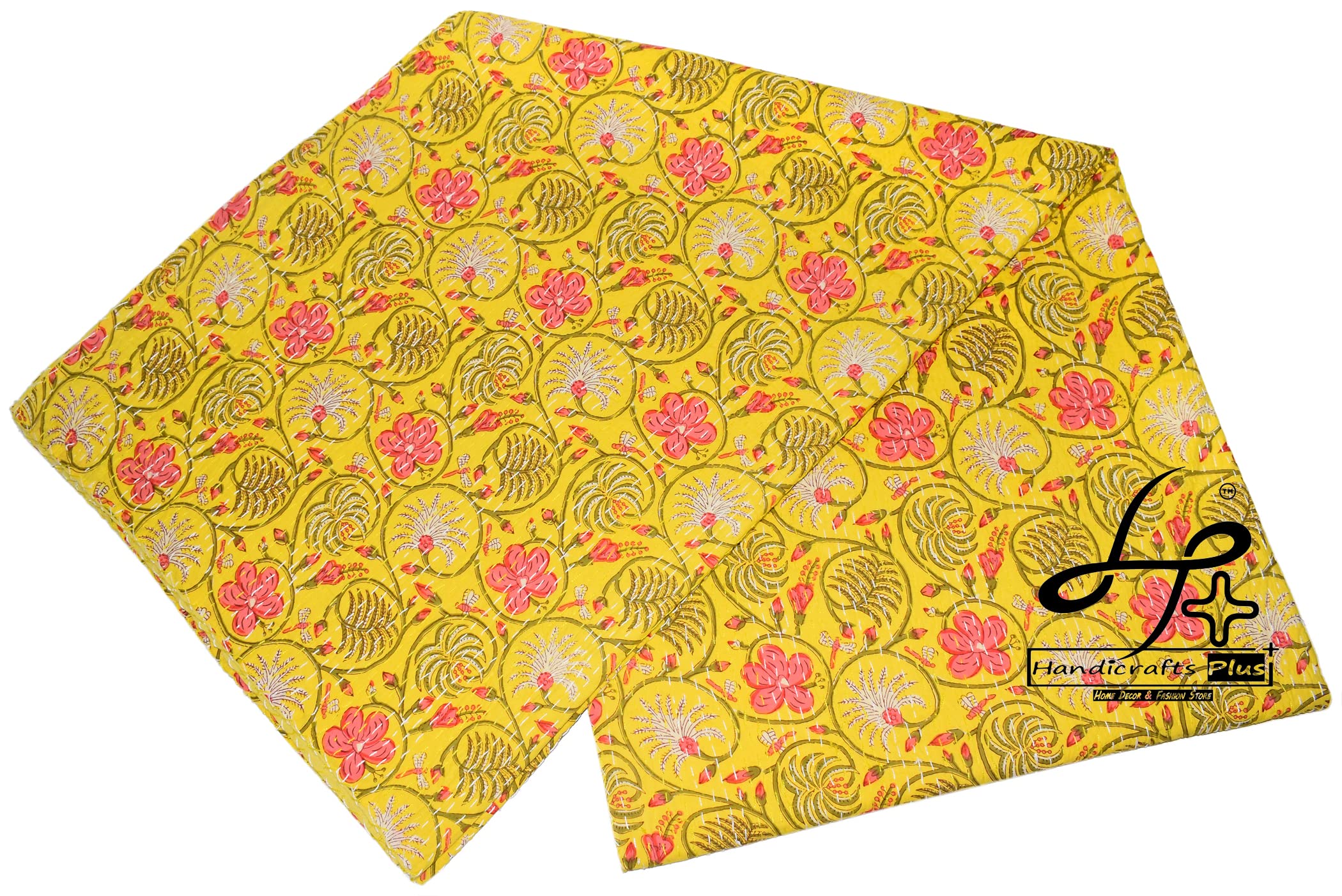 Handicrafts Plus New Indian Cotton Gudari King Size Bedcover Yellow Color Bedding Bedspread Handmade Bedsheet 90x108''