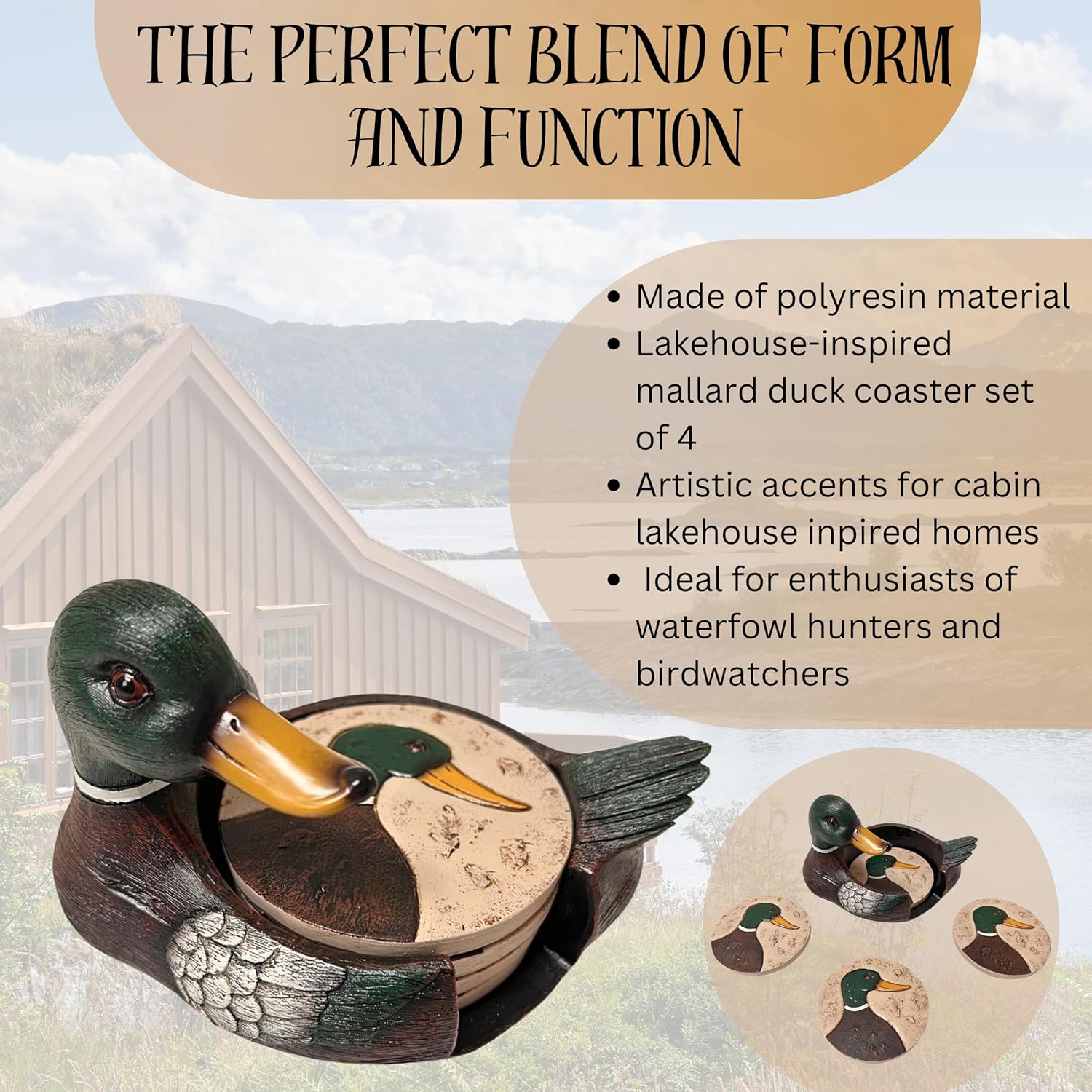 Rustic Woodland Mallard Duck Polyresin Coaster Set with Decorative Holder