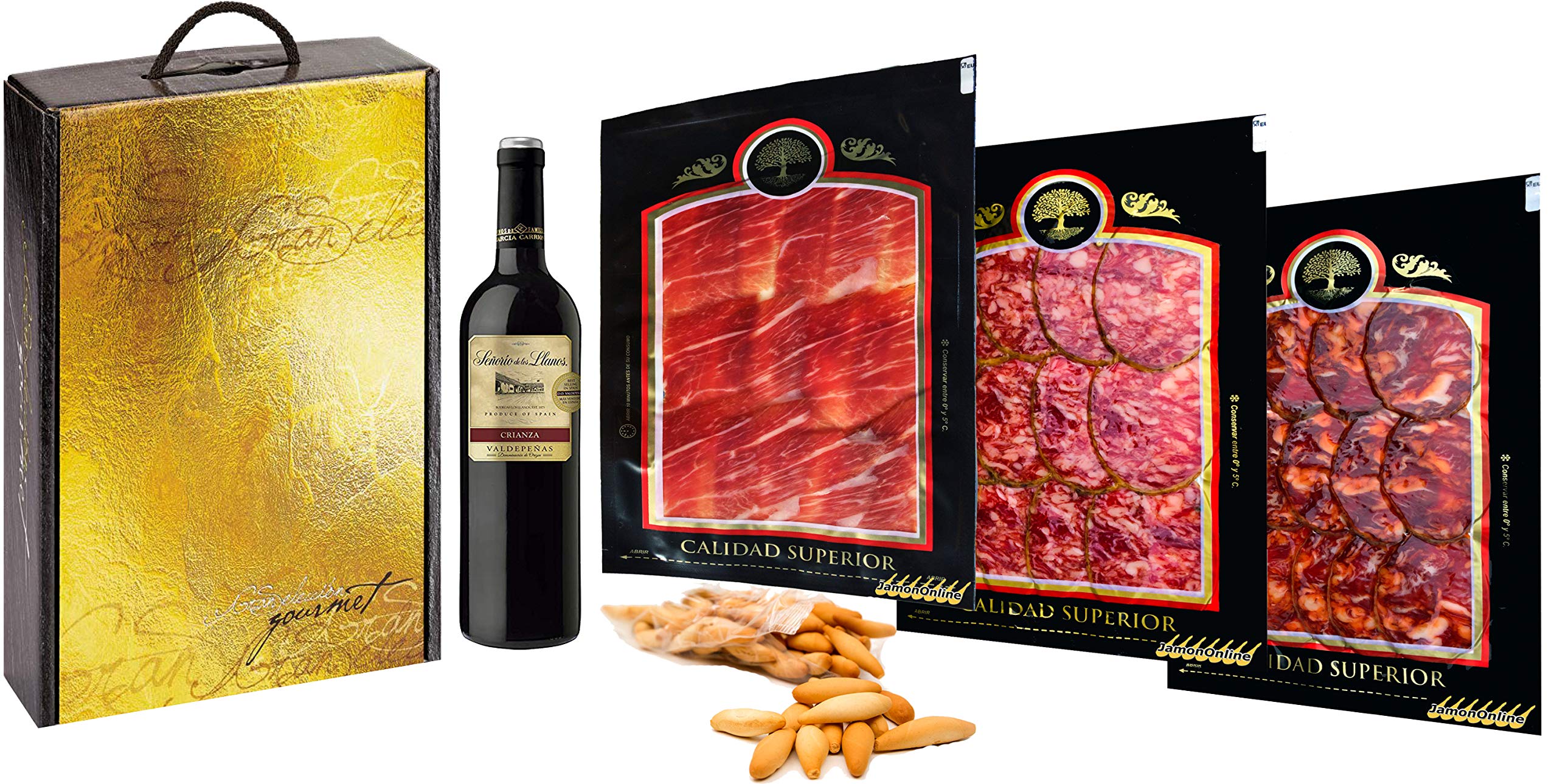 Cesta de Navidad Económica Compuesta por: 1 paq. Jamón Serrano en Lonchas de 100gr, 1 Paq. Chorizo Ibérico de 100gr, 1 Paq. Salchichón Ibérico de 100gr, 1 Botella de 3/8 Tinto, 1 Picos Pan.