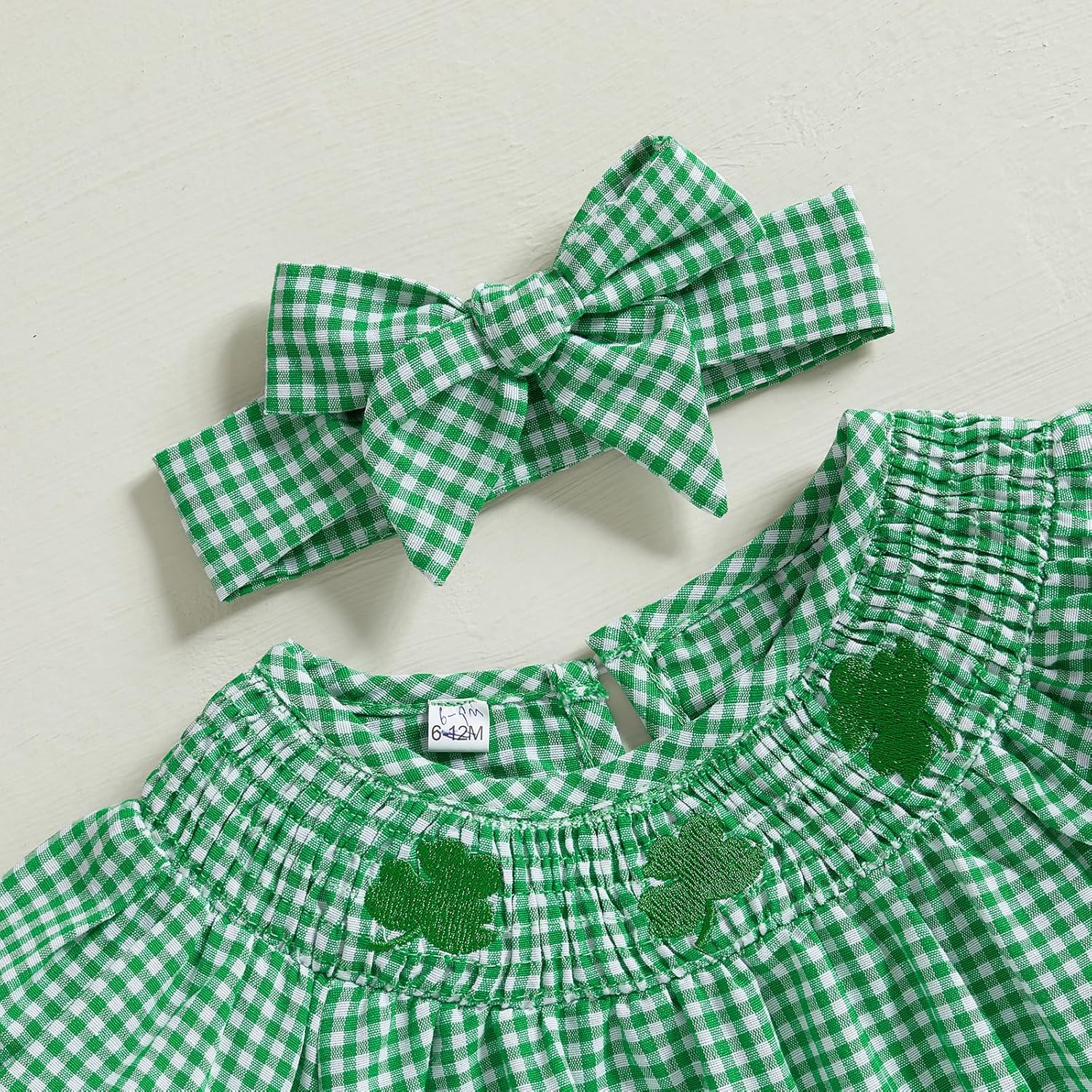 Baby Girl St Patrick’s Day Dress Puff Short Sleeve Smocked Clover Embroidery Plaid Dress Infant Toddler Girl Irish Dresses - Image 2