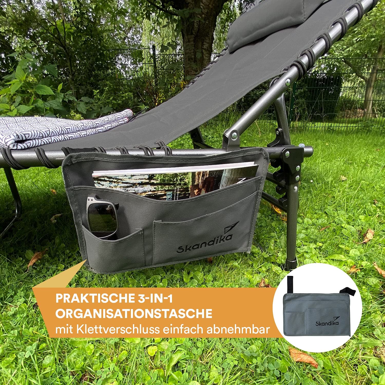 Skandika Sonnenliege Torget | Klappbare Campingliege, gepolstert, 5-Fach verstellbares Kopfteil, Seitentasche, bis 150 kg, wasserabweisend, Stahl-Gestell | Faltbare Liege für Camping, Garten