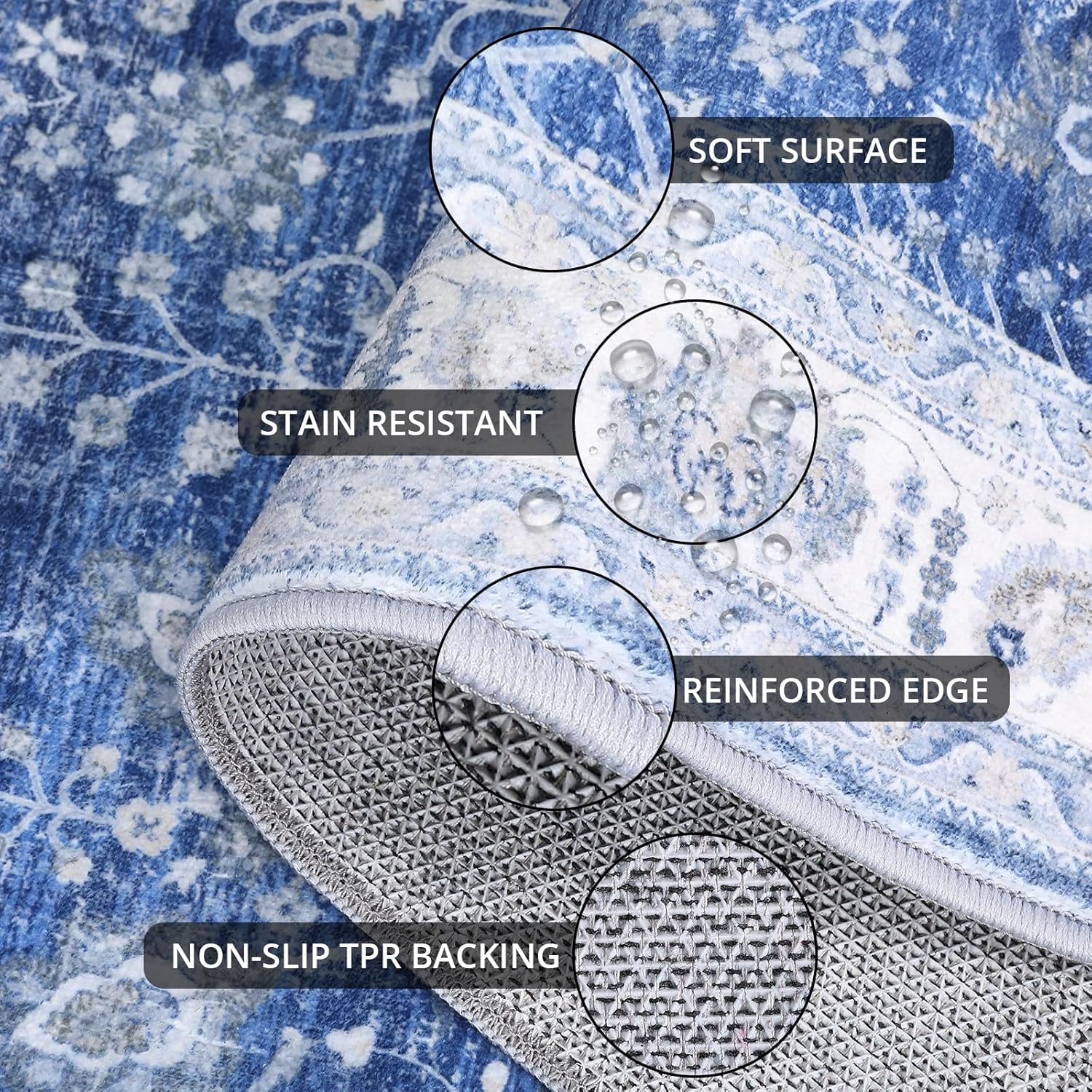 GarveeHome Vintage Floral Medallion Area Rug 6x9 - Machine Washable, Waterproof, Super Soft Faux Wool Carpet, Non-Slip Low Pile, Kid & Pet Friendly, Home DéCor for Bedroom, Living Room.Blue