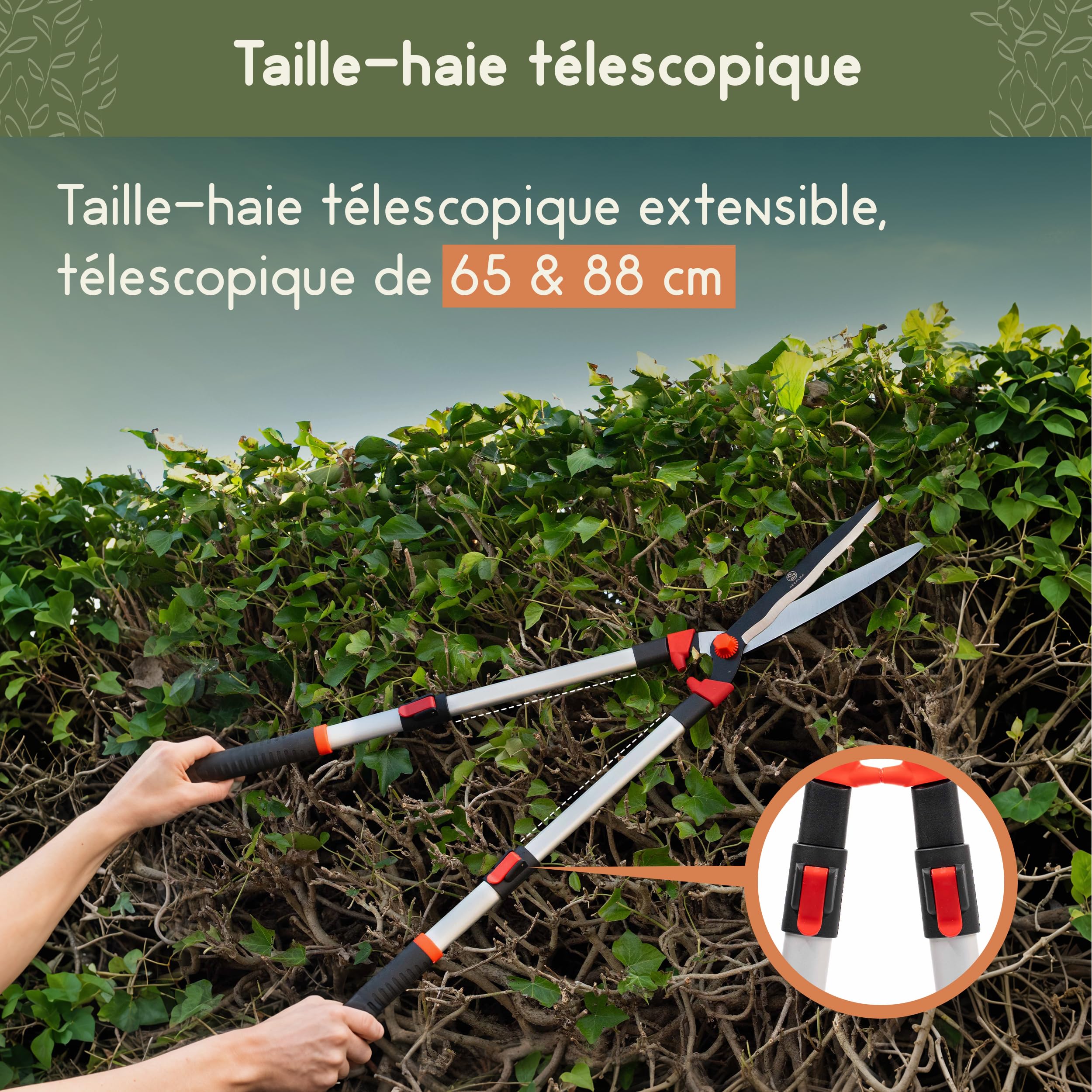 Taille-haie télescopique 65-85 cm – Sécateur de jardin de qualité supérieure avec lames en acier, sécateur combiné et cisaille à arbustes, manuel, rouge/noir