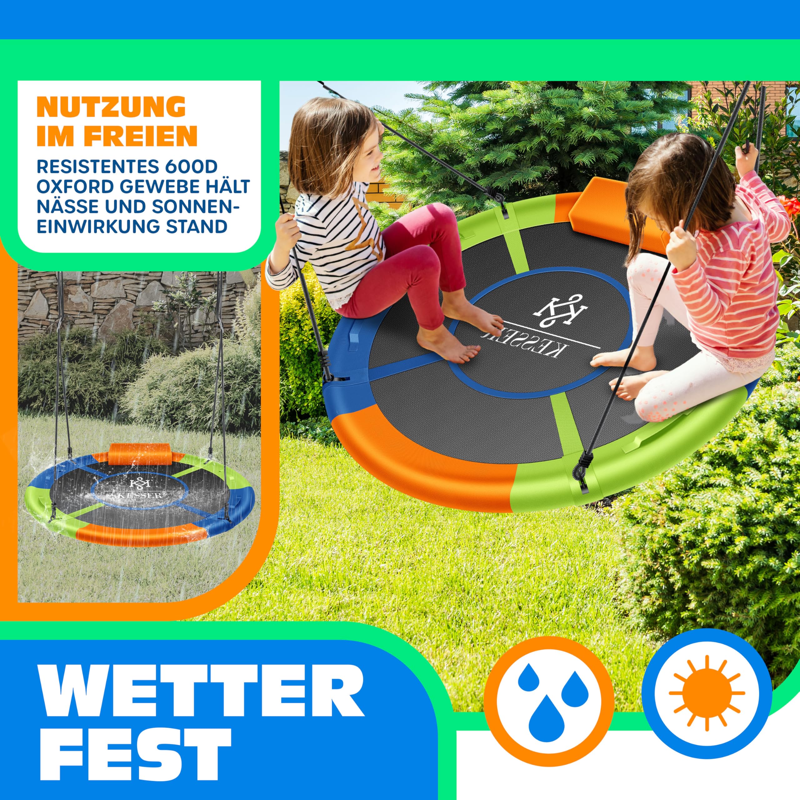 KESSER® Altalena a Rete Rotonda Regolabile per Bambini e Adulti, 120 cm, Multicolore