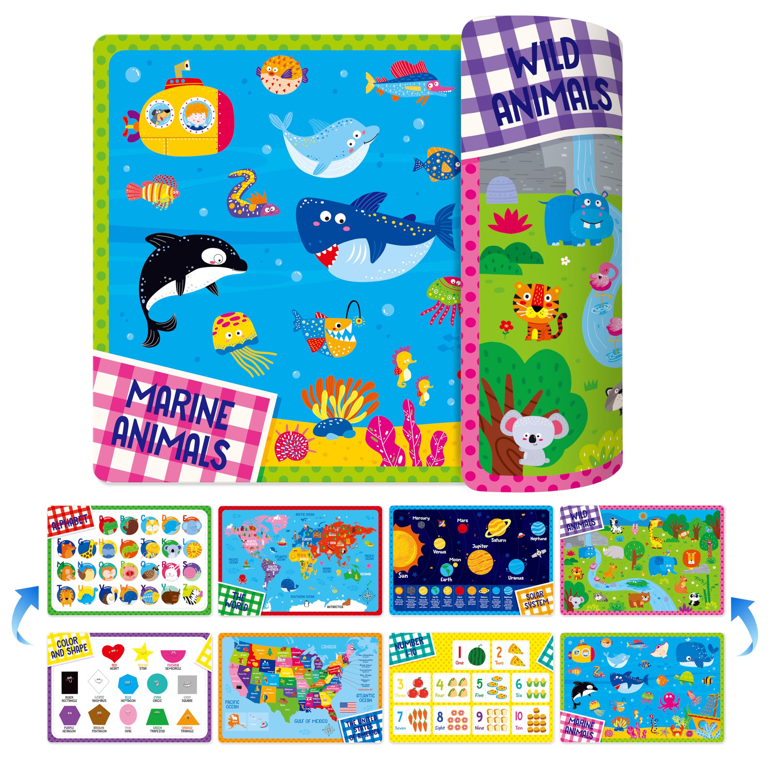 Photo 1 of 4 Pack Placemats for Kids, Non-Slip Washable Table Mats, Double-Sided Reusable Universe, Alphabet, Numbers, Map of USA & World Educational Placemats for Home, Kindergarten, Classroom, Nursery
