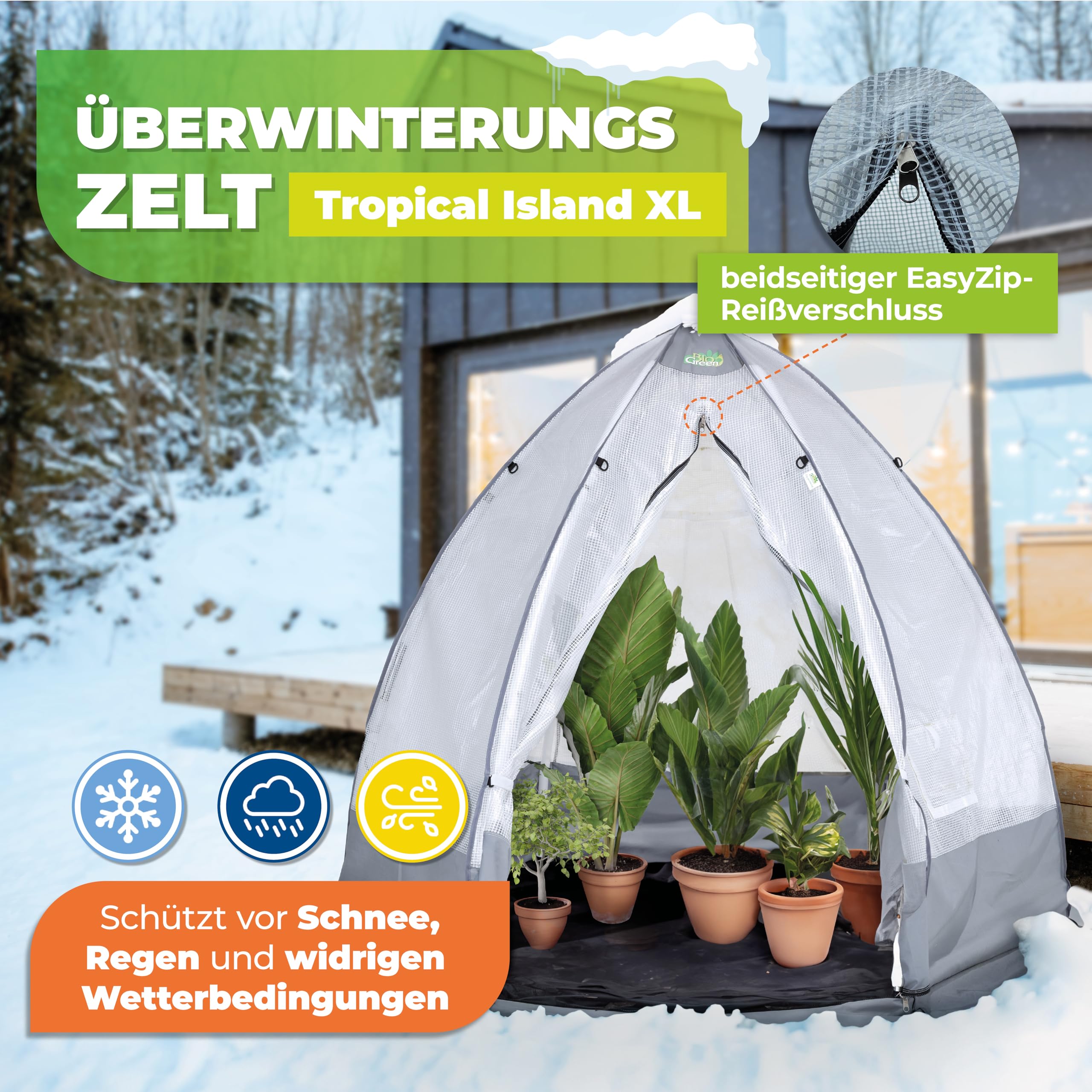 BioGreen Überwinterungszelt/Foliengewächshaus Tropical Island XL | lichtdurchlässige PE-Gitterfolie | stabiles Rahmengestell | H 280 x Ø 340 cm