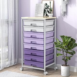 SYKIARIOL 8 Drawers Rolling Storage Trolley, Utility Storage Cart on Lockable Wheels with Plastic Drawers, Multipurpose Mobile Organizer Unit for Living Room,Bedroom,School,Beauty, Purple