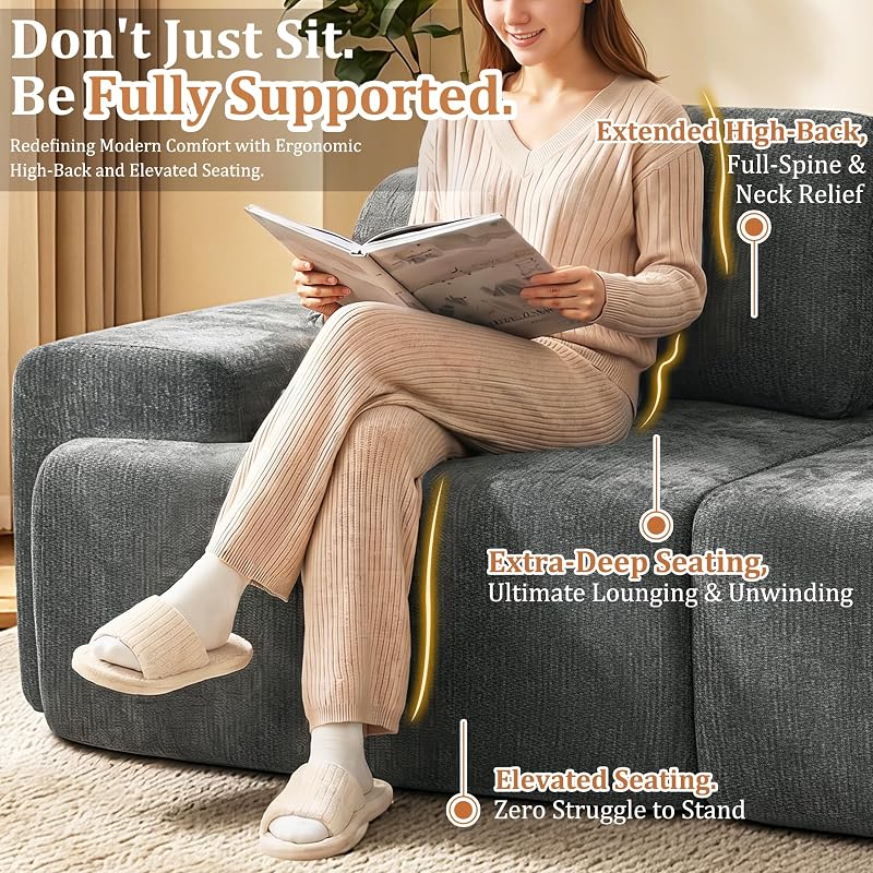 VYUXWO 122" U Shaped Oversized Boneless Couch, Comfort Cloud Sectional Couches for Living Room, Modular Sofa High Back & Extra Deep Seat, No Assembly, Chenille(Dark Grey, 122 inch-U Shaped（3+2）) image 5
