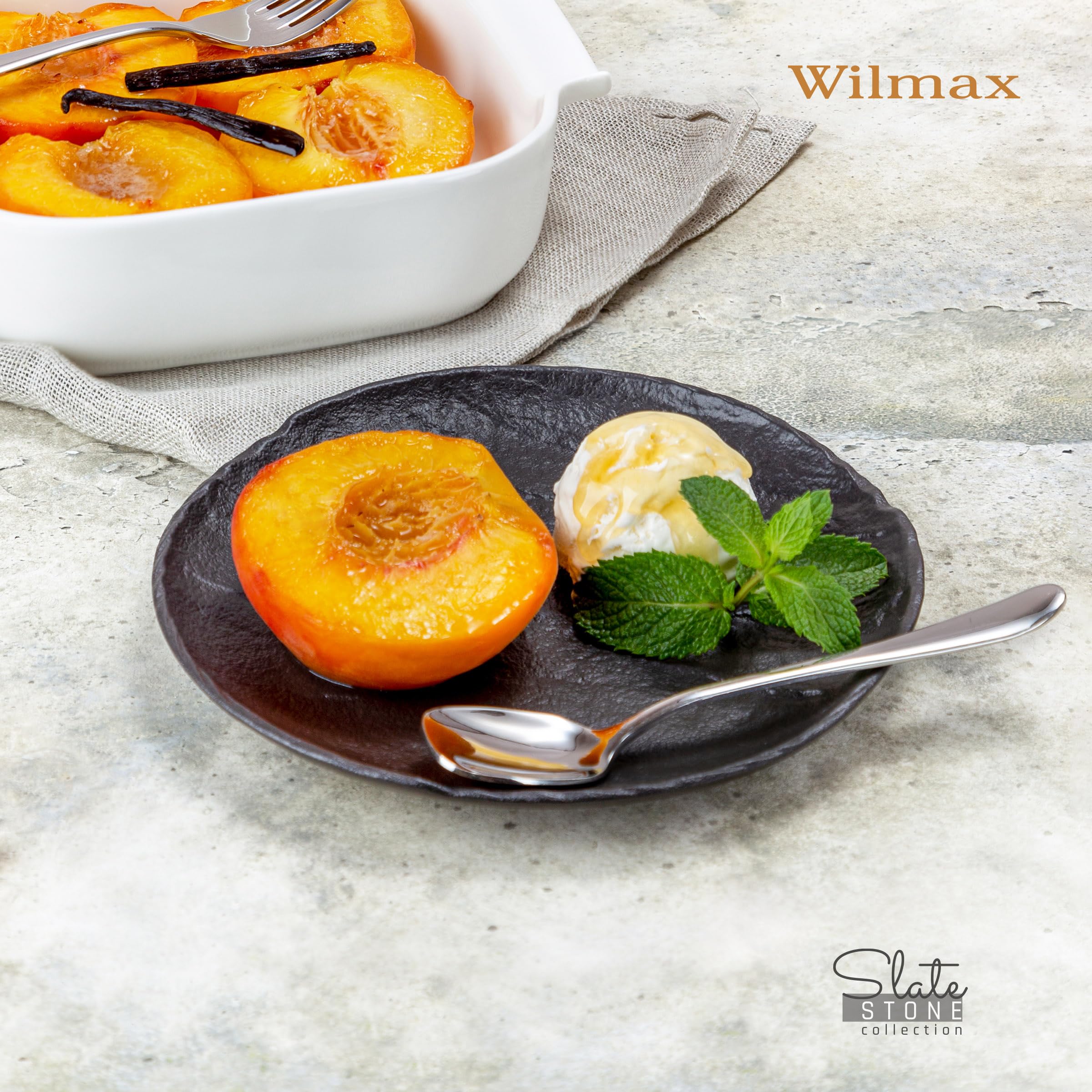 Wilmax - Piatti - 6 pezzi in porcellana - piatto piani neri - Imitazione pietra - Usi domestici e ristorazione - Smalti a mano - Lavabili in lavastoviglie