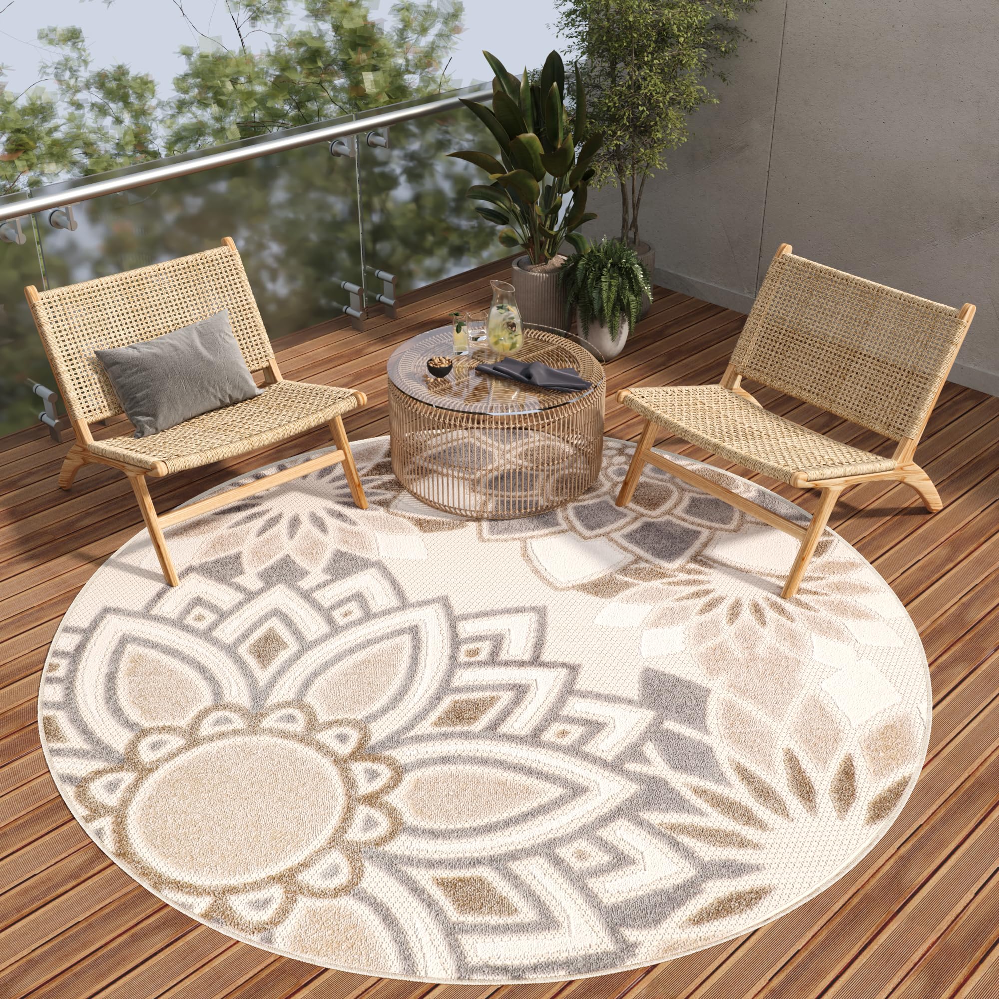 TAPISO Tappeto Rotondo Esterno Interno Pelo Corto Design Moderno Motivo Astratto Floreale 3D Beige Panna 100 x 100 cm