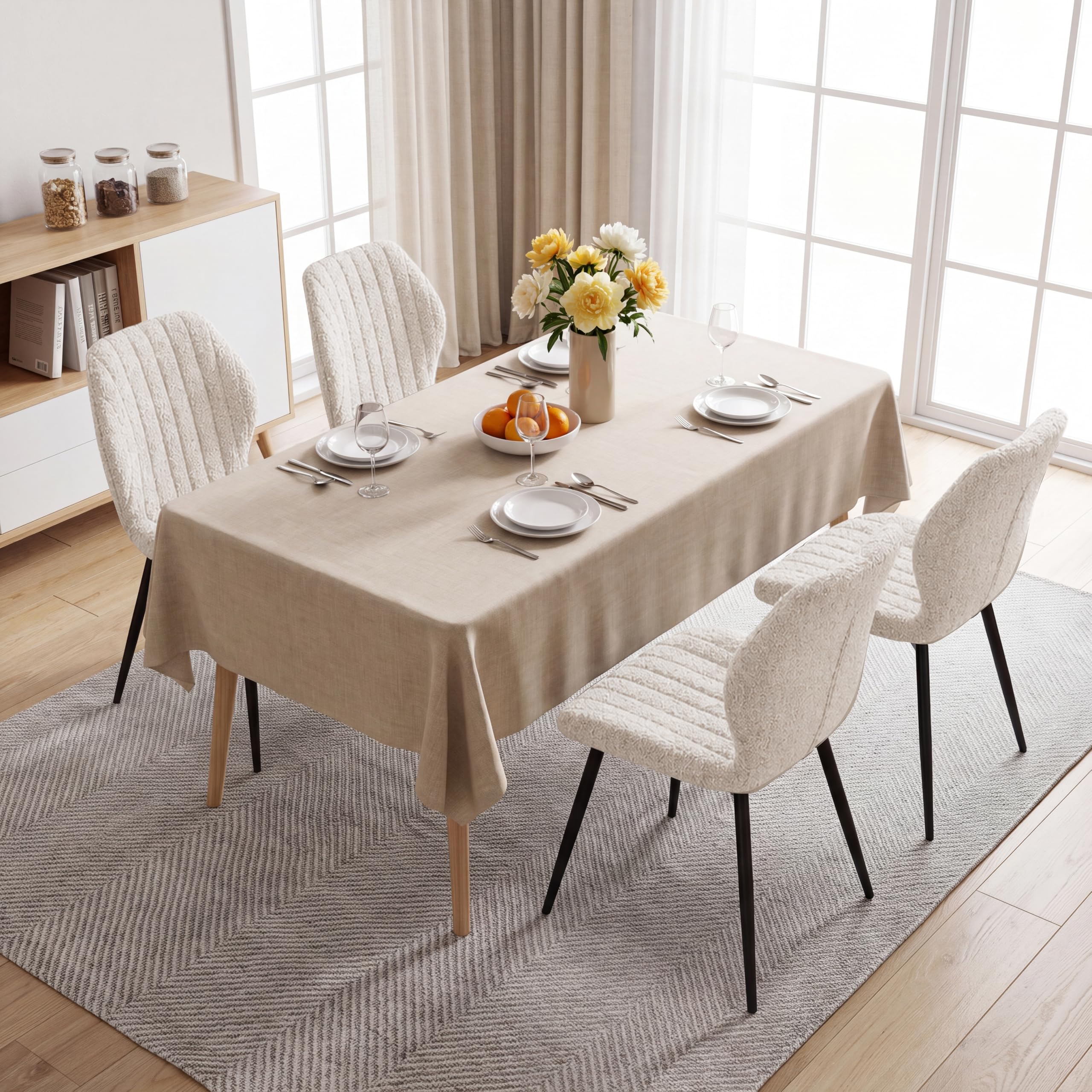 Lot de 4 Chaise de Salle à Manger, Chaise de Cuisine en Lin, avec Pieds en Métal Noir, Coussin en Tissu Rempli D'éponge à Rebond Haute Densité, Convient pour Salle à Manger, Cuisine - Beige