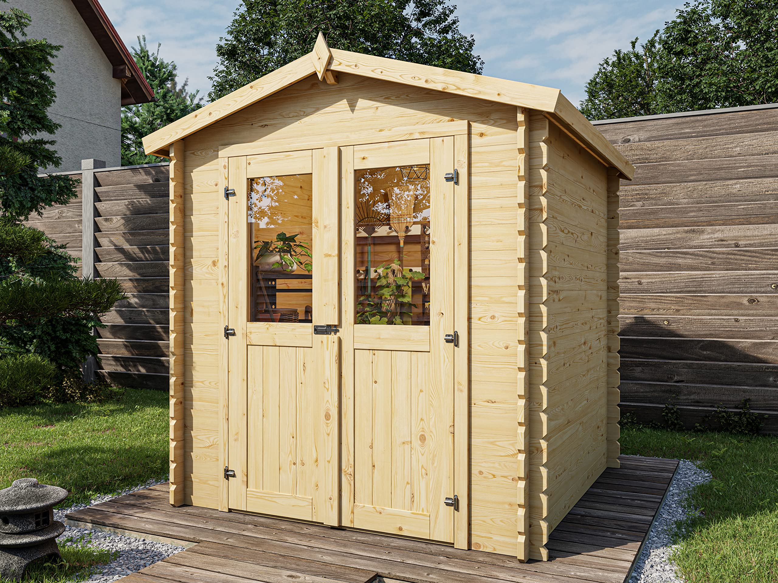 Holz Gerätehaus Mini 2 C | Gartenhaus | Wandstärke 28 mm | Blockbohlenbauweise | Naturbelassen | Satteldach | BxTxH: 198 x 198 x 214,5 cm | Inkl. Doppelflügeltür mit Echtglas | Ohne Fußboden