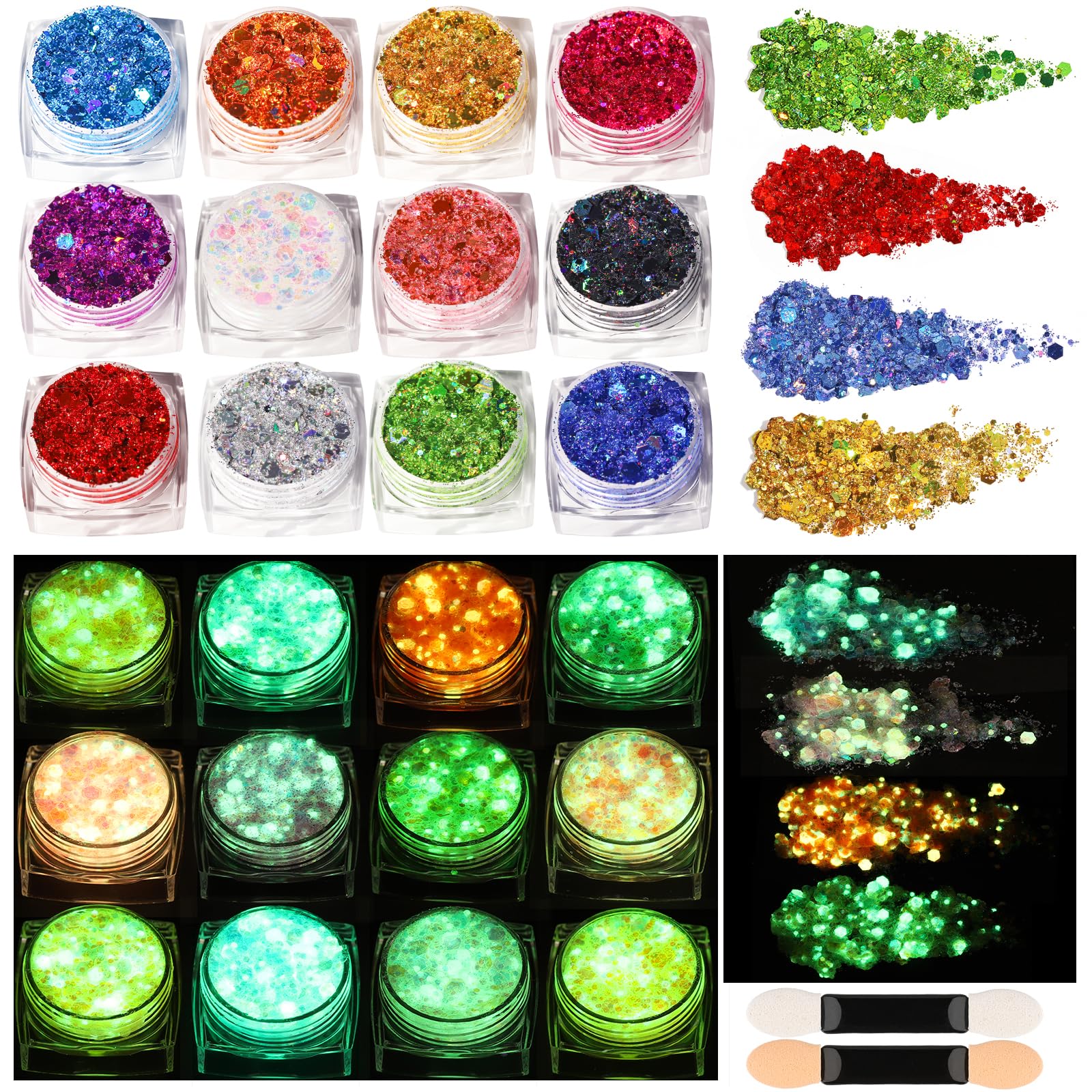 Teenitor 12 Colors Makeup Festival Face Glitter and 12 Colors Glow in The Dark Body Glitter Gel for Women, Glitter Gel for Face and Body, Hair