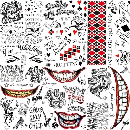 COKTAK Juego de 6 hojas de tatuajes de bromista para Halloween, disfraz de cosplay, HQ payaso Joker tatuajes faciales, tatuajes temporales falsos de disponible en Yaxa Costa Rica