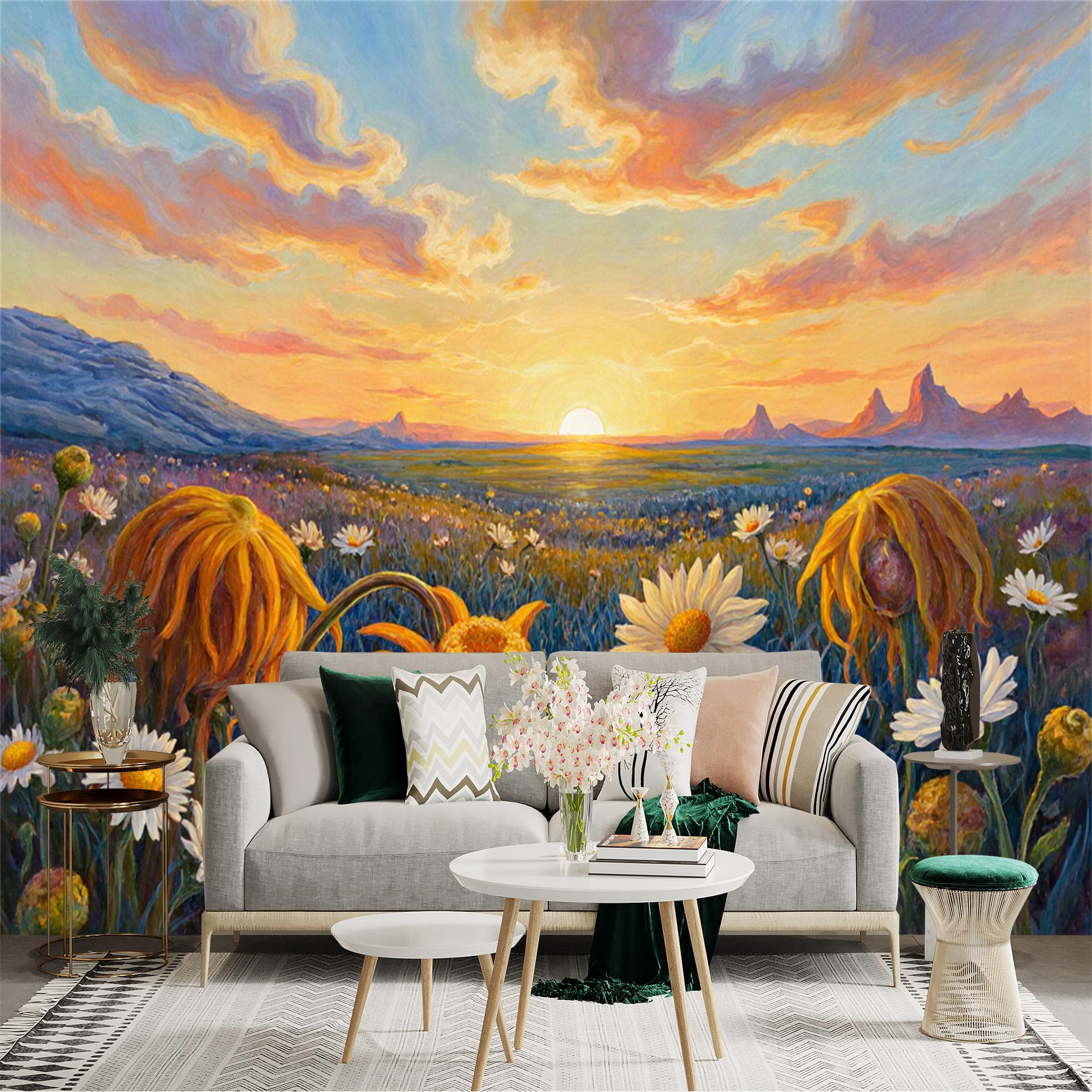 Lnzczhyre Xc260505839 Custom Size Wall Sticker Mural， Sunset Over Wildflower Field， Blooming Daisies， Golden Hour Landscape， Nature Scenery， For Wall Decoration， Peelandstick Wall Decals.