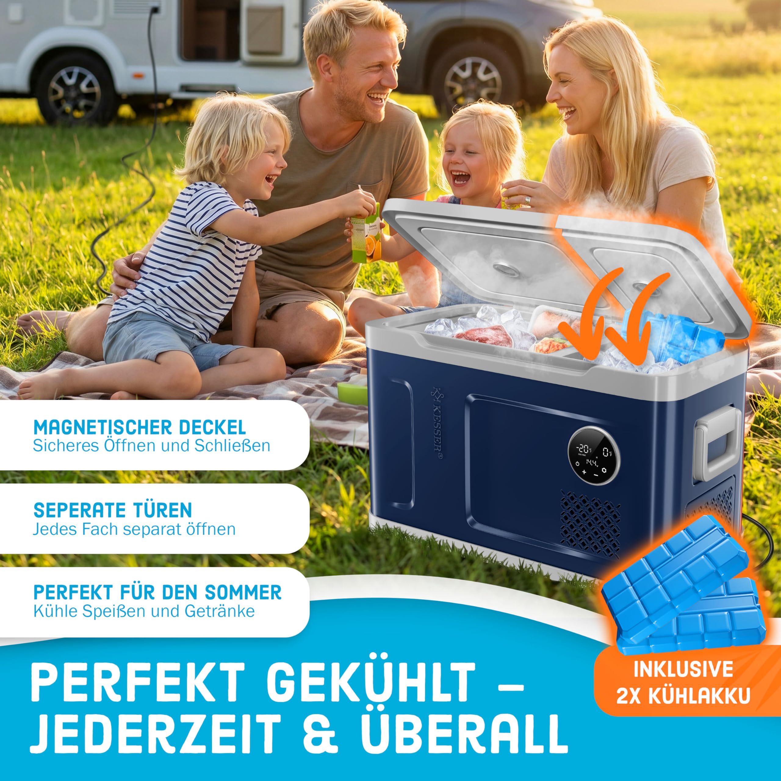 KESSER® Compressore frigorifero 2 in 1 doppia zona di raffreddamento e congelatore da 49 litri, congelatore elettrico con 2 batterie di raffreddamento e funzionamento touch LED, frigorifero fino a -20