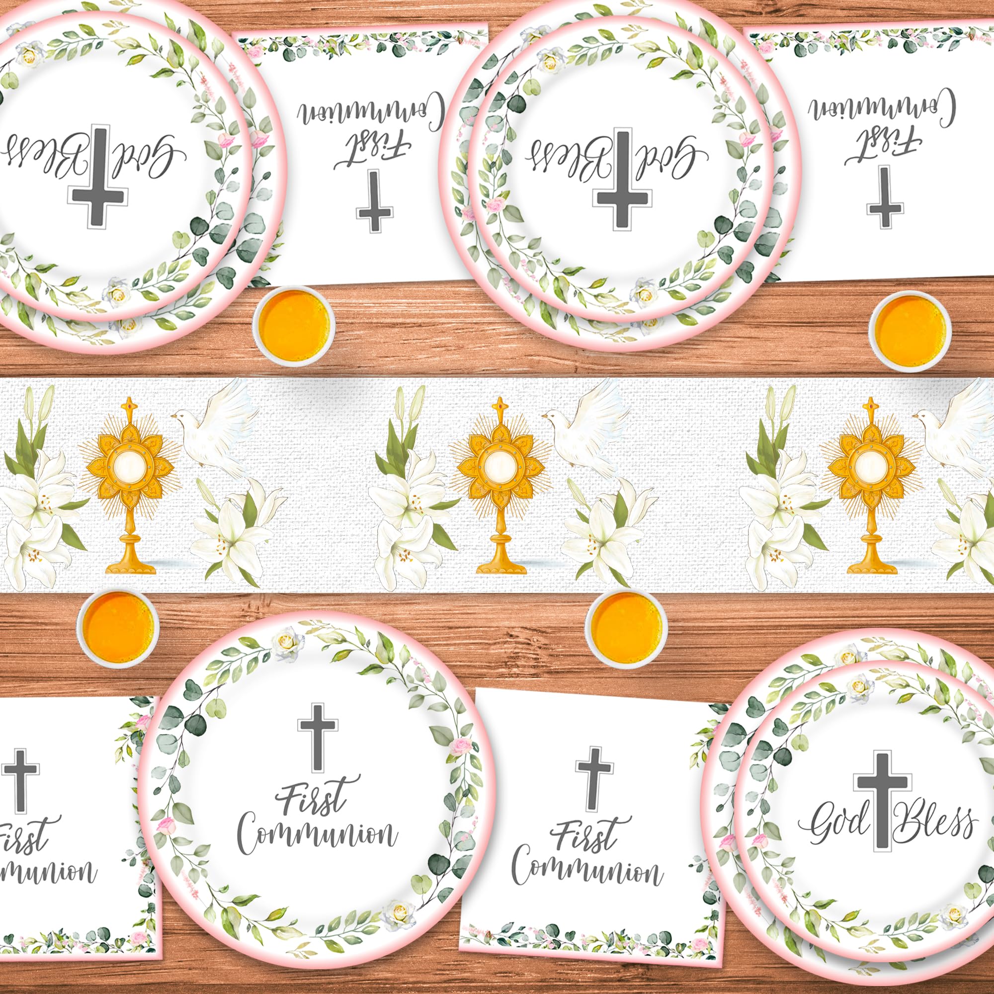 Decoraciones de primera comunión, platos y servilletas de papel de primera comunión (sirve para 25), platos y servilletas de bautizo rosas, suministros para fiesta de bautizo