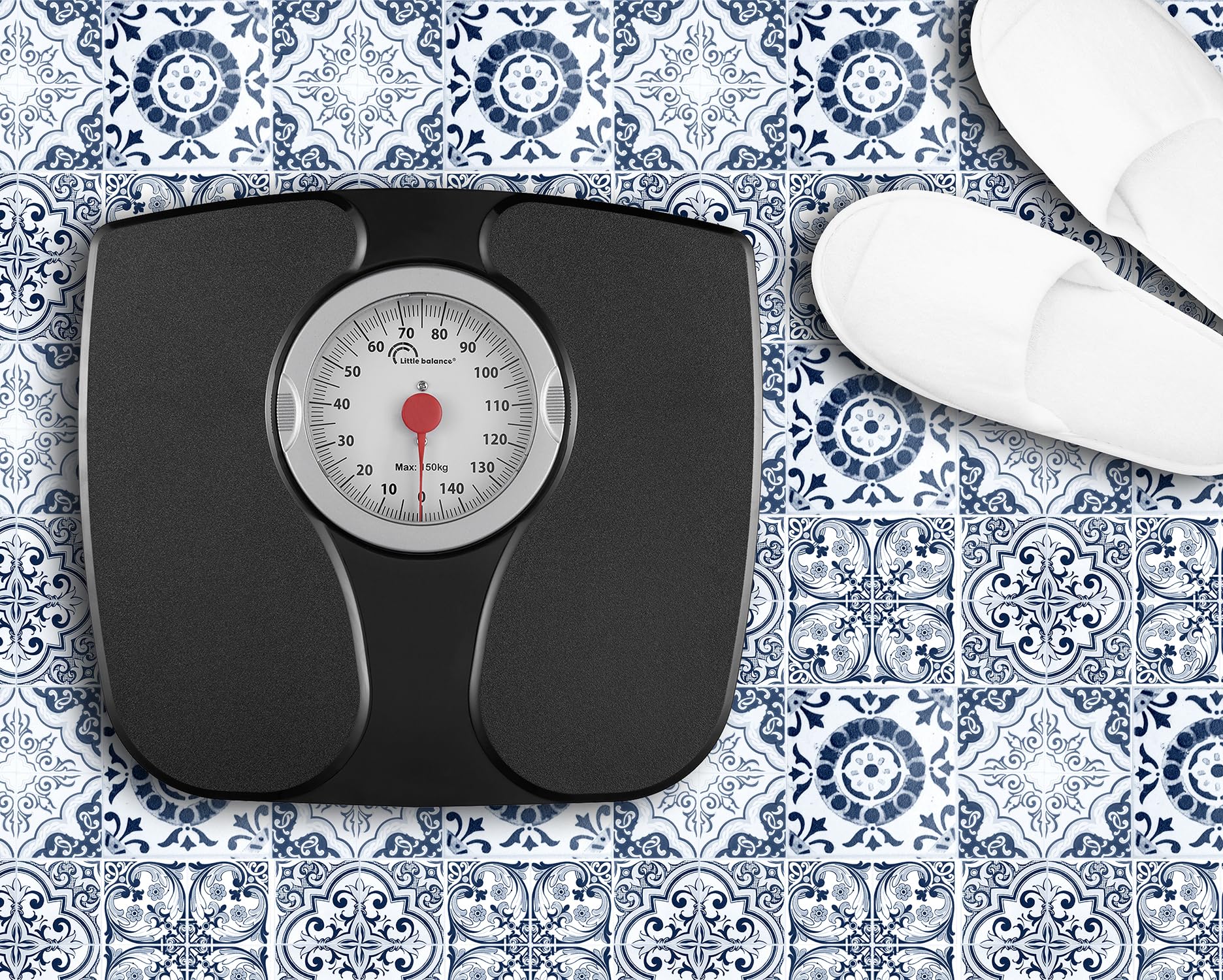 LITTLE BALANCE 8727 Confort 150, Bilancia pesapersone meccanica, Bilancia con schermo XL, Forma compatta, 150 kg, Nero