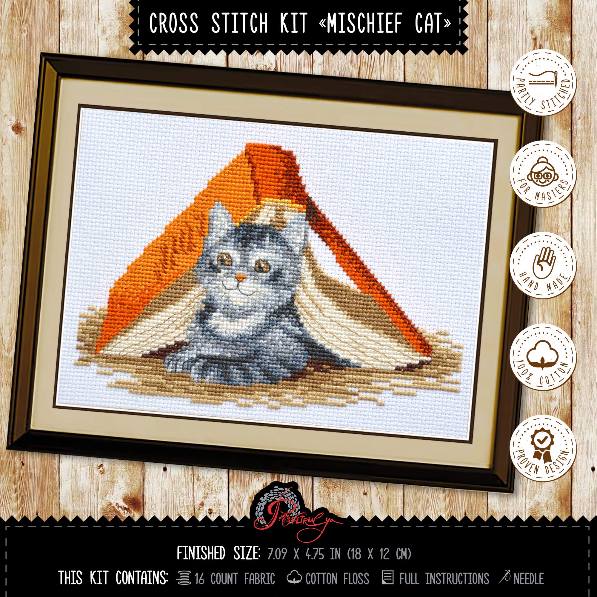 Kit de punto de cruz con diseño de gato con texto en inglés "Mischief Kitten"