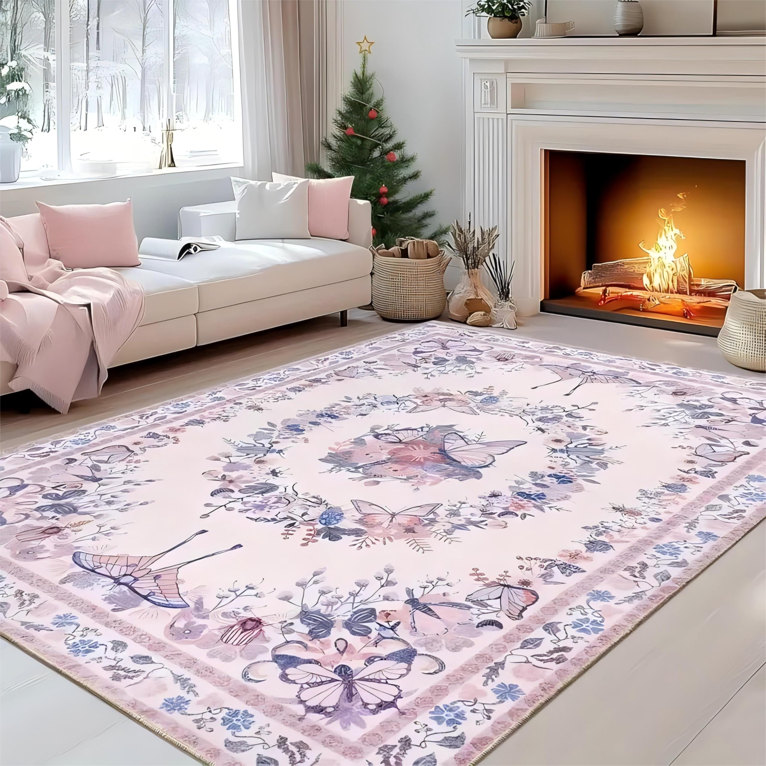 SOJAWA Vintage Area Rug, 70x140cm Bohemian Pink Floral Butterfly Print Rug, Soft Washable Living Room Bedroom Apartment Dorm Kitchen Mat, for High Traffic Areas Non-Slip Indoor Rugs