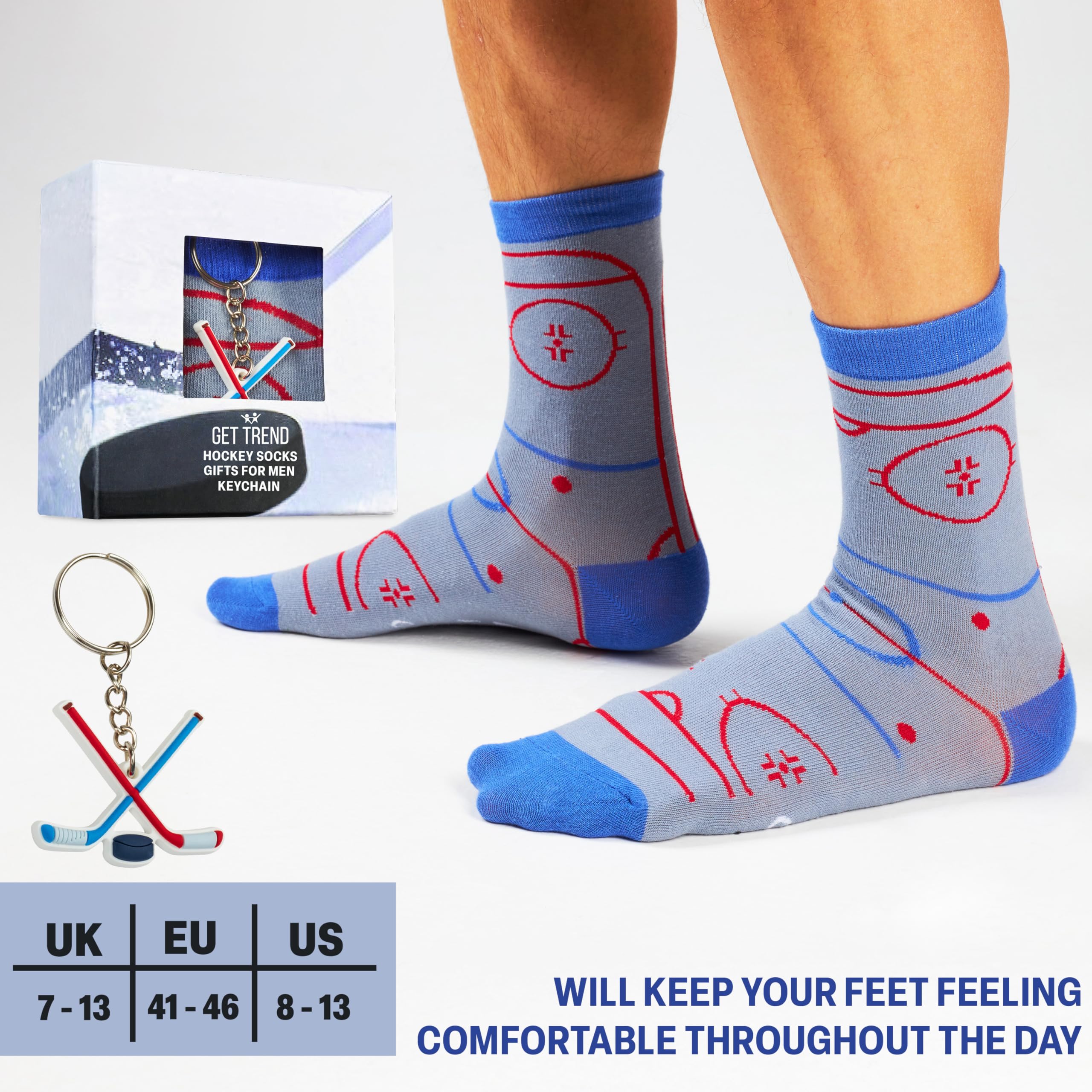 Get Trend Ice Hockey Mens Socks With Keychain Set Funny Hockey Accessories, Gifts for Him, Husband, Boyfriend (8/13 US, Grey Hockey)