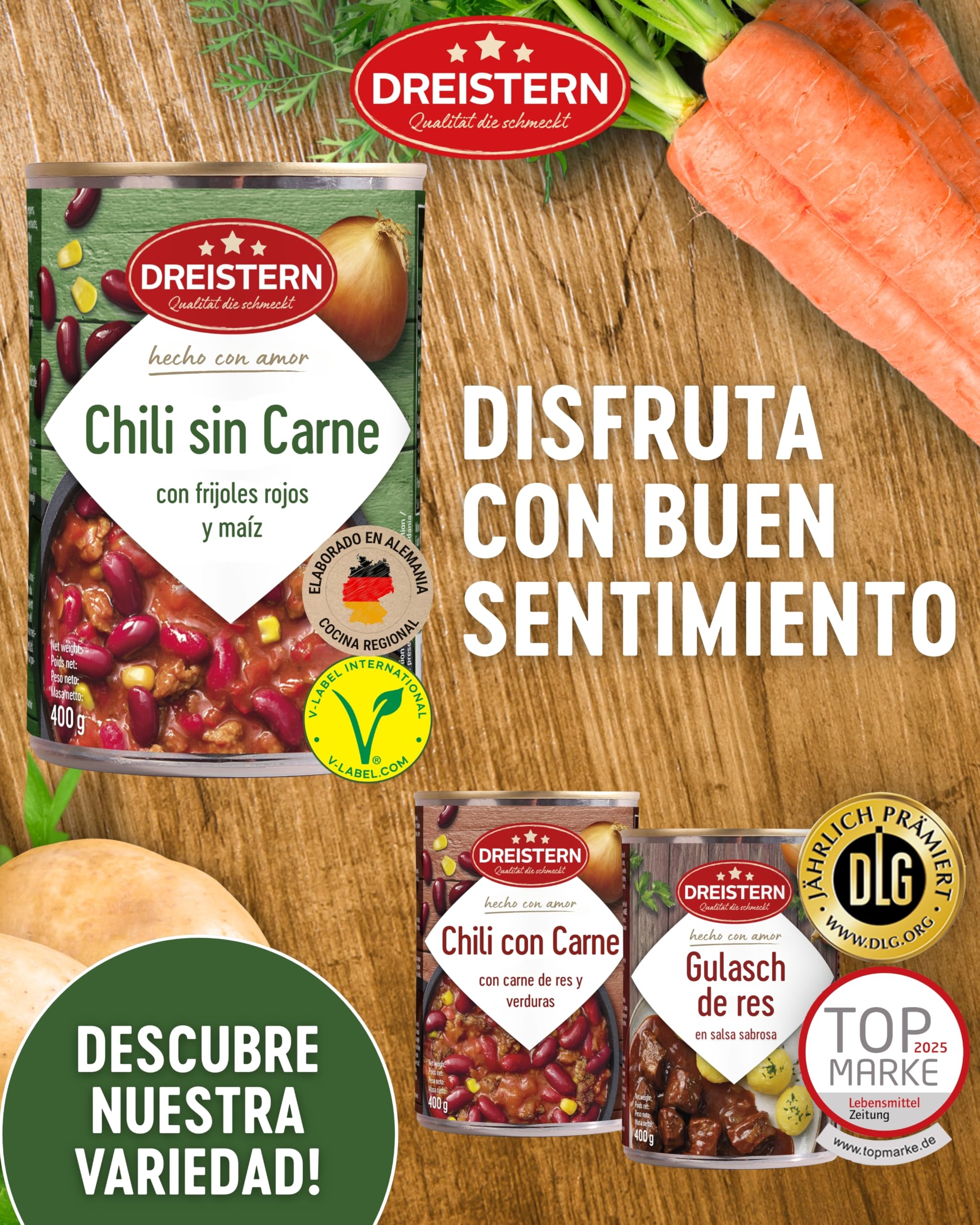 DREISTERN Chili sin Carne 400 g Guiso vegano con frijoles rojos y maíz Alto en proteínas